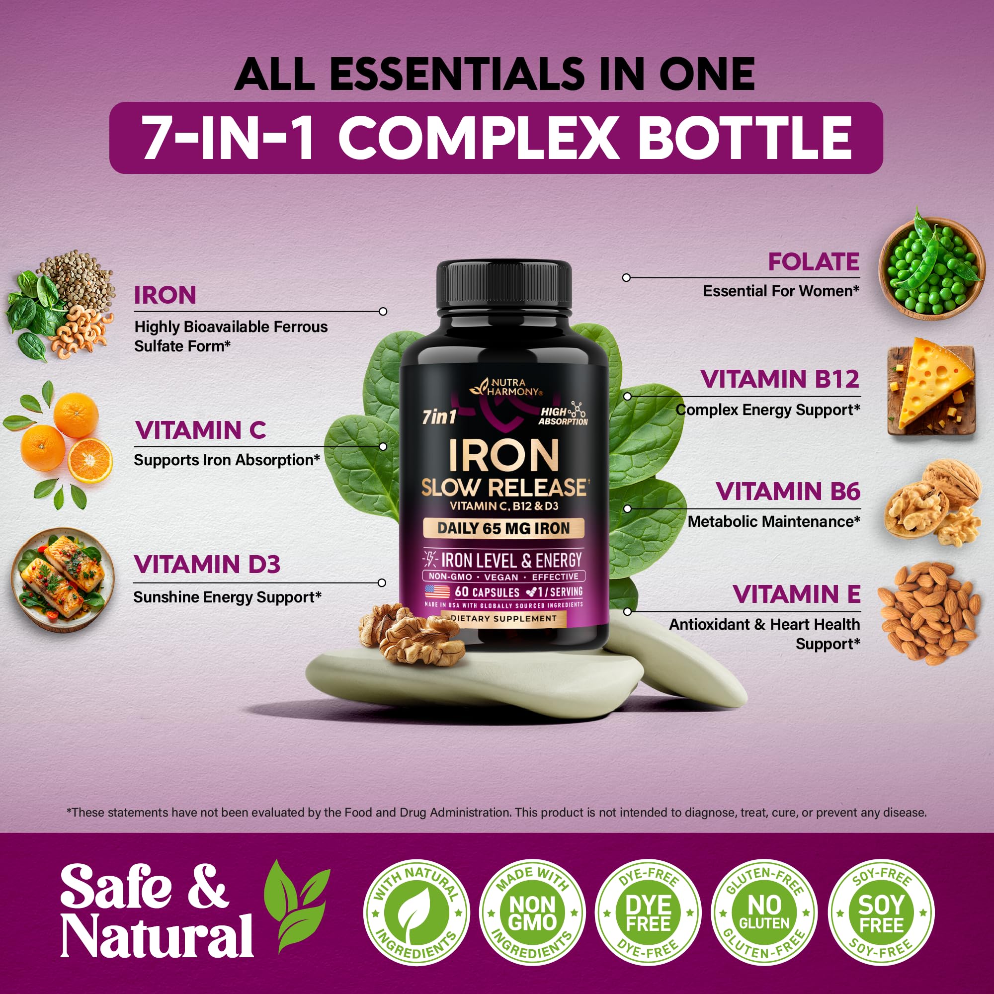 Foto 4 pulgar | Suplemento De Hierro Nutraharmony Iron 65 Mg (sulfato Ferroso 325 Mg) - Venta Internacional.