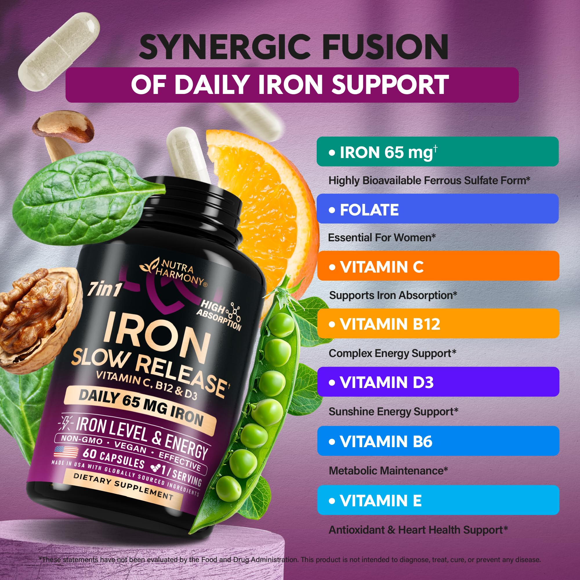 Foto 7 pulgar | Suplemento De Hierro Nutraharmony Iron 65 Mg (sulfato Ferroso 325 Mg) - Venta Internacional.