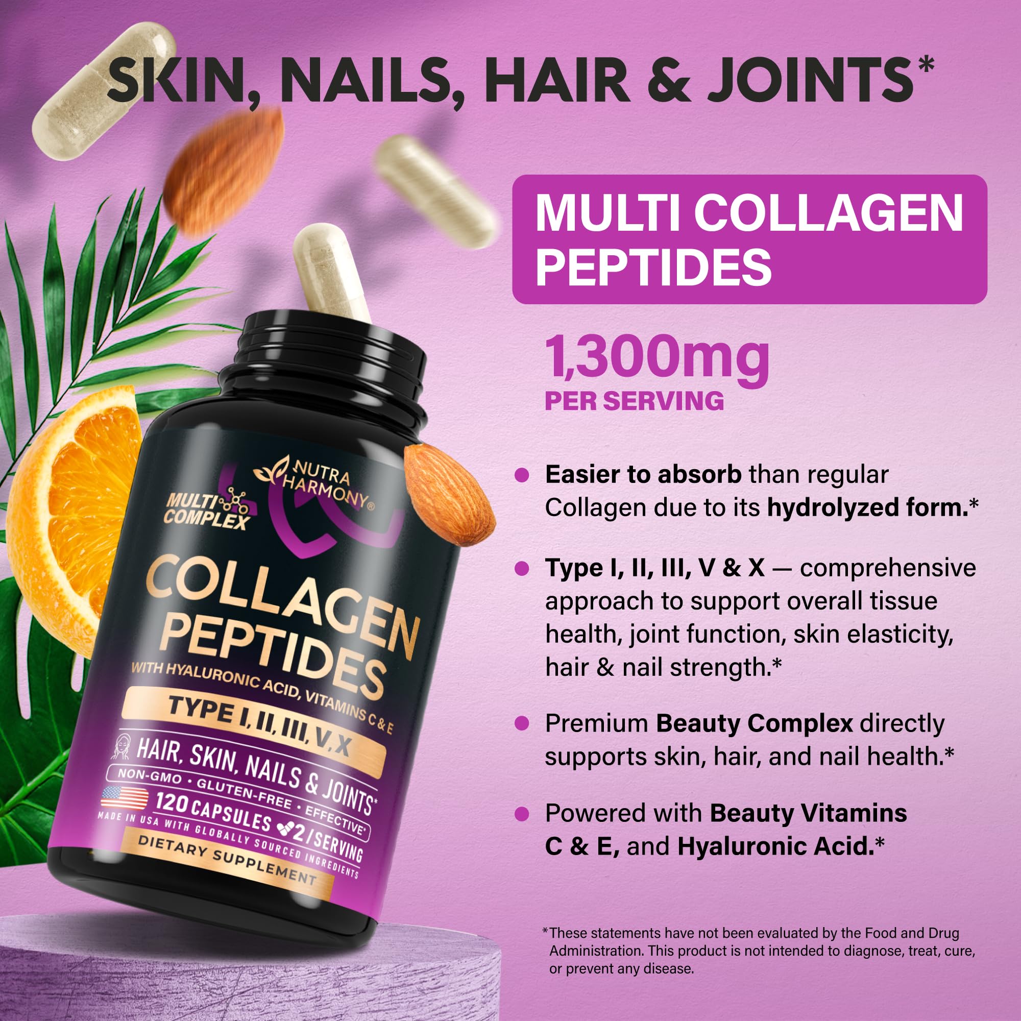 Foto 4 | Suplemento De Colágeno Nutraharmony Multi Collagen 1300 Mg 120 Cápsulas - Venta Internacional.