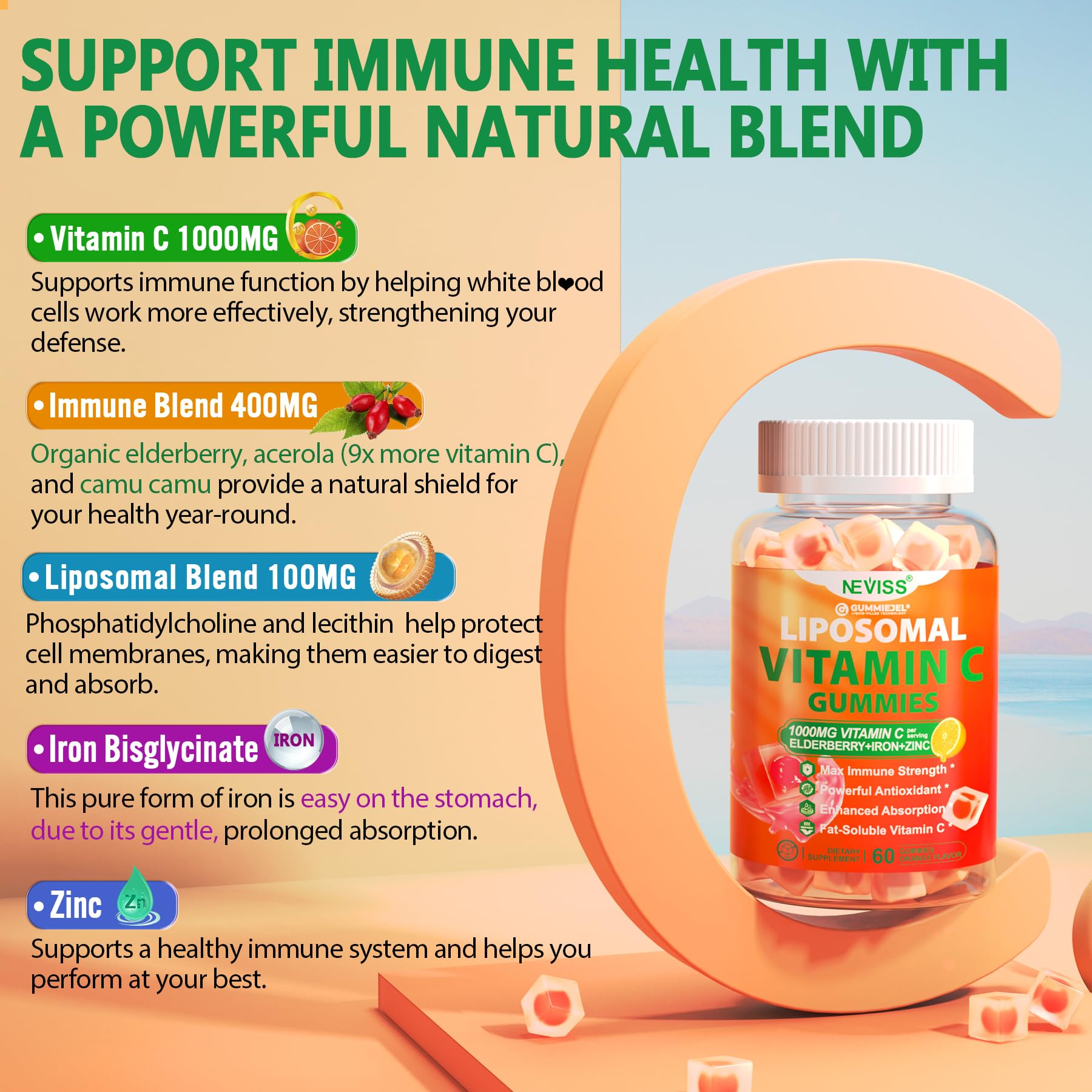 Foto 3 | Gomitas De Vitamina C Neviss Liposomal De 1000 Mg Para Adultos, Paquete De 1 - Venta Internacional.