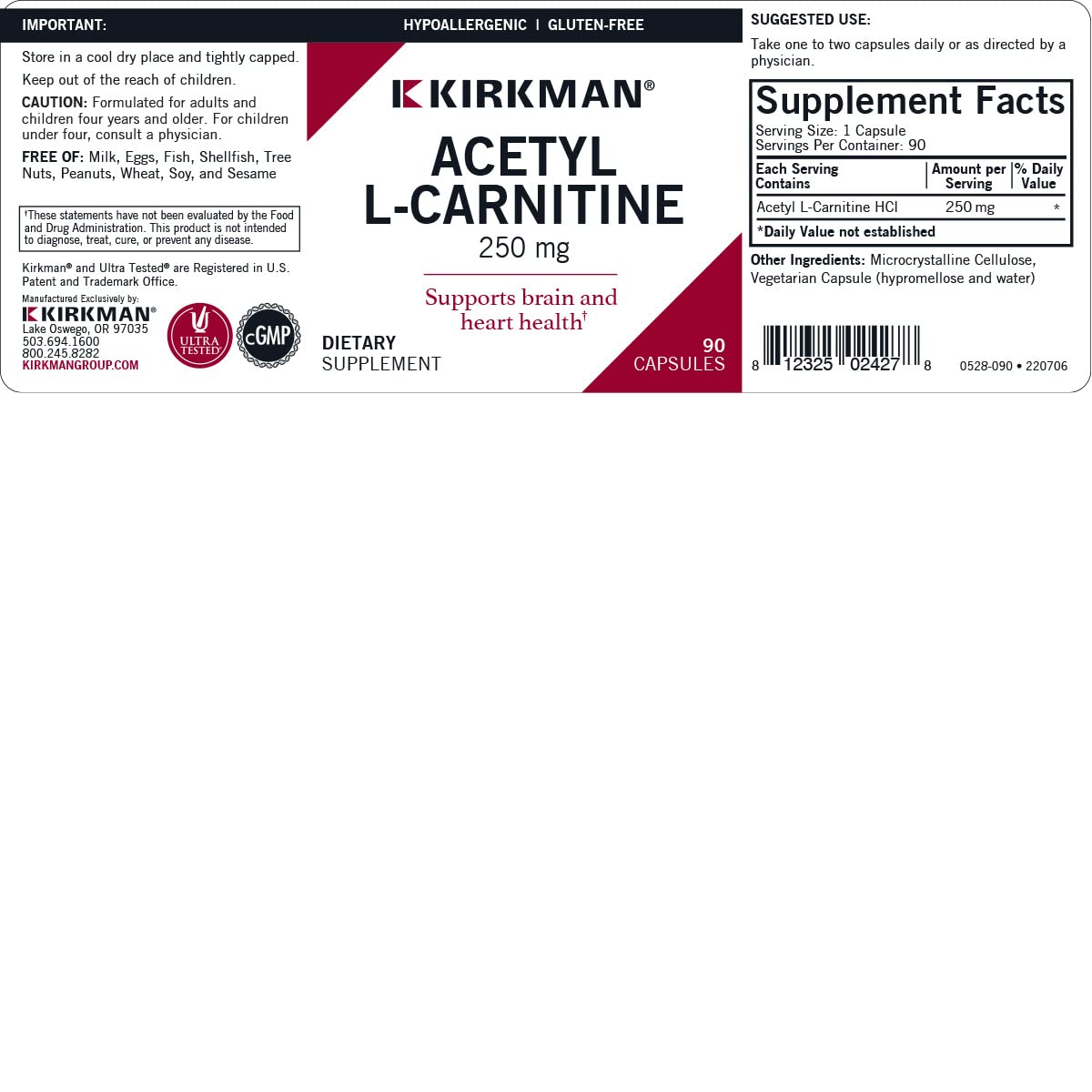 Foto 4 pulgar | Suplemento Kirkman Acetil L-carnitina 250 Mg 90 Cápsulas - Venta Internacional.