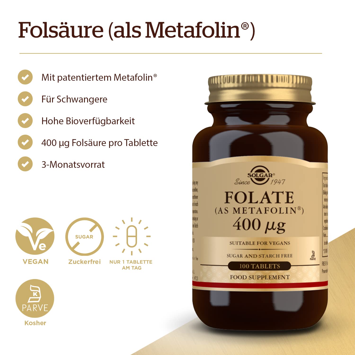 Foto 3 pulgar | Suplemento De Folato Solgar 666 Mcg Dfe (metafolina 400 Mcg) 100 Tabletas - Venta Internacional.