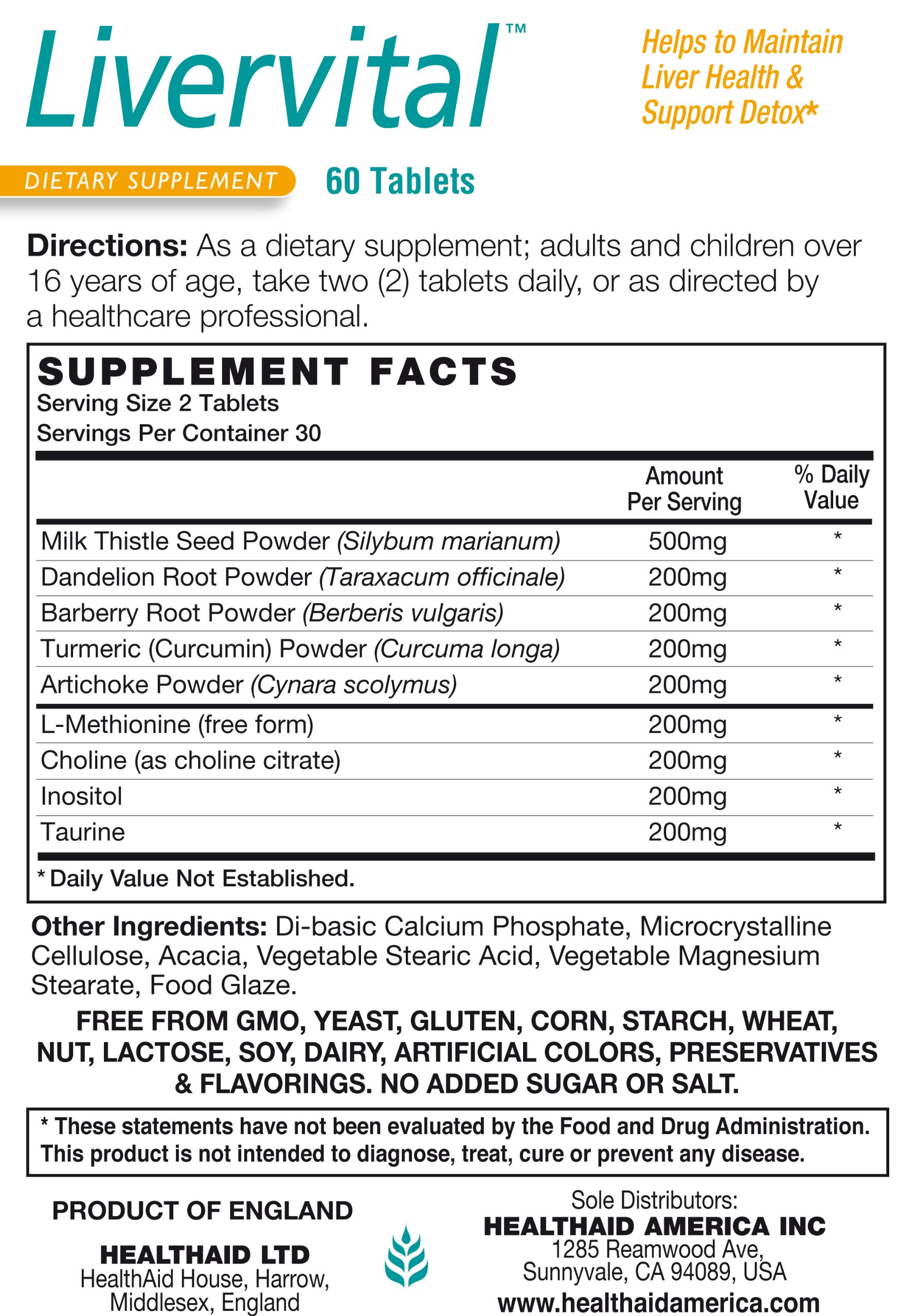 Foto 3 pulgar | Suplemento Healthaid Livervital Liver Health Support, 60 Unidades - Venta Internacional.