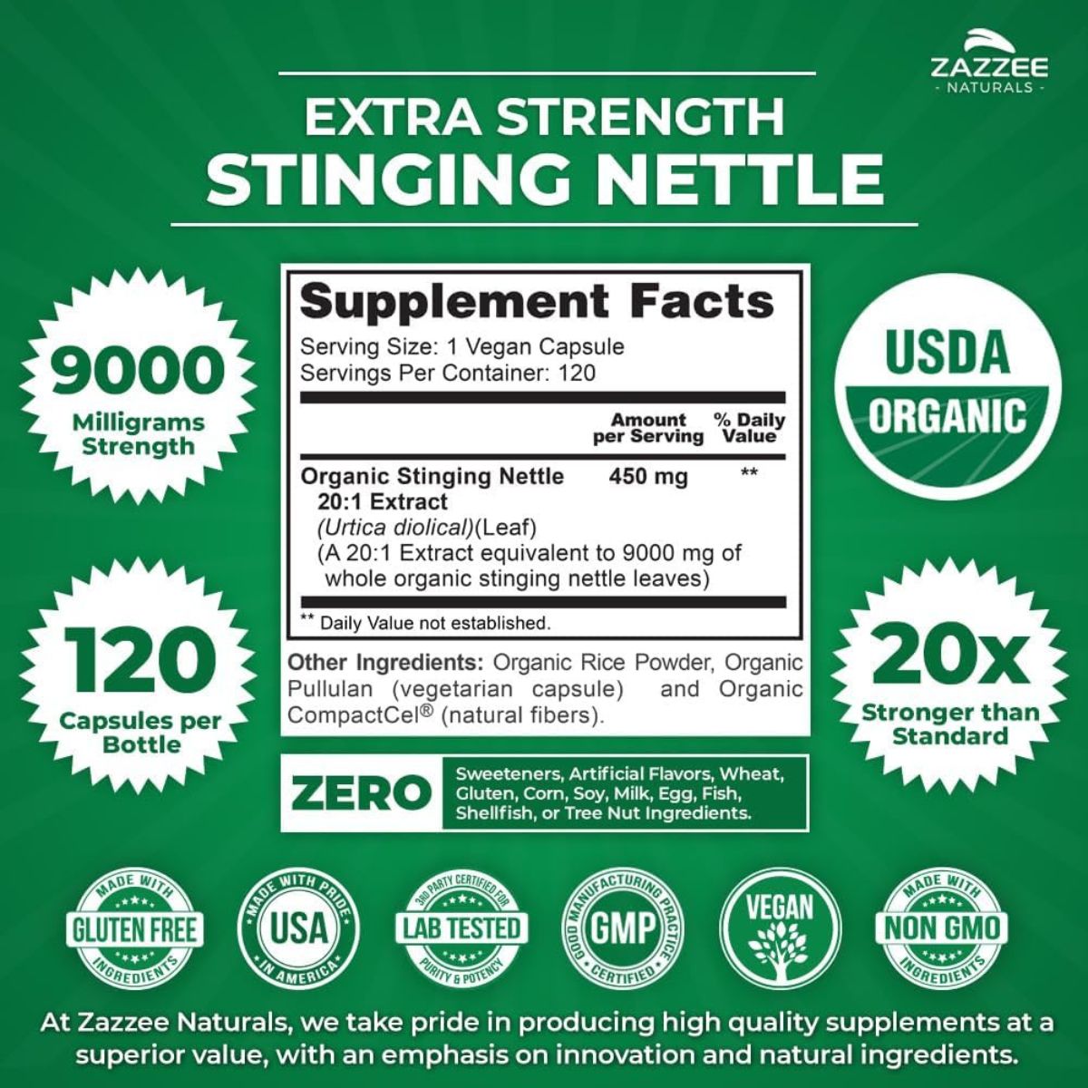 Foto 4 pulgar | Suplemento Zazzee Naturals Ortiga Orgánica 9,000 mg 120 Cápsulas Salud Prostática Inmunológica y Respiratoria