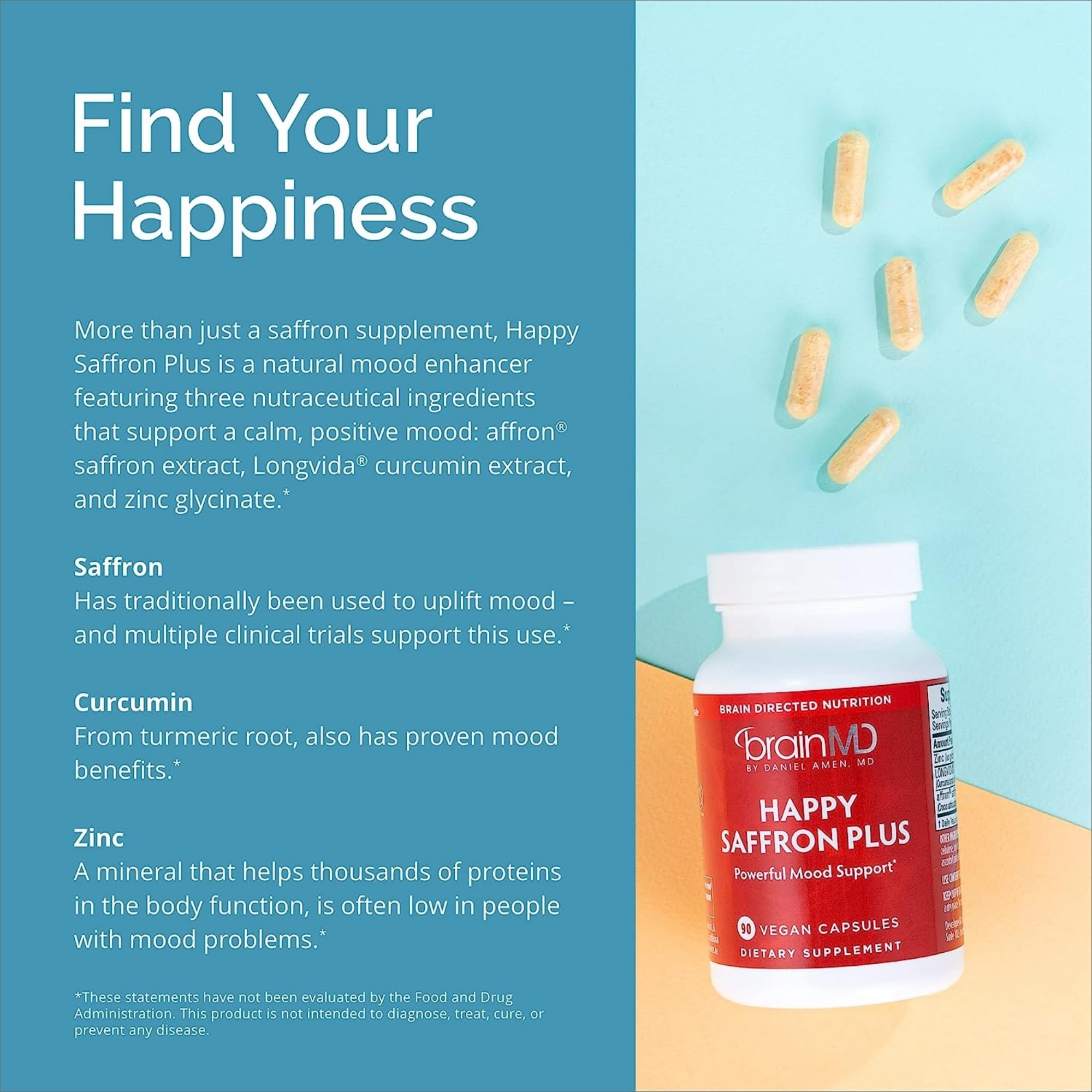 Foto 6 | Suplemento Brainmd Happy Saffron Plus 90 Cápsulas Veganas - Venta Internacional.