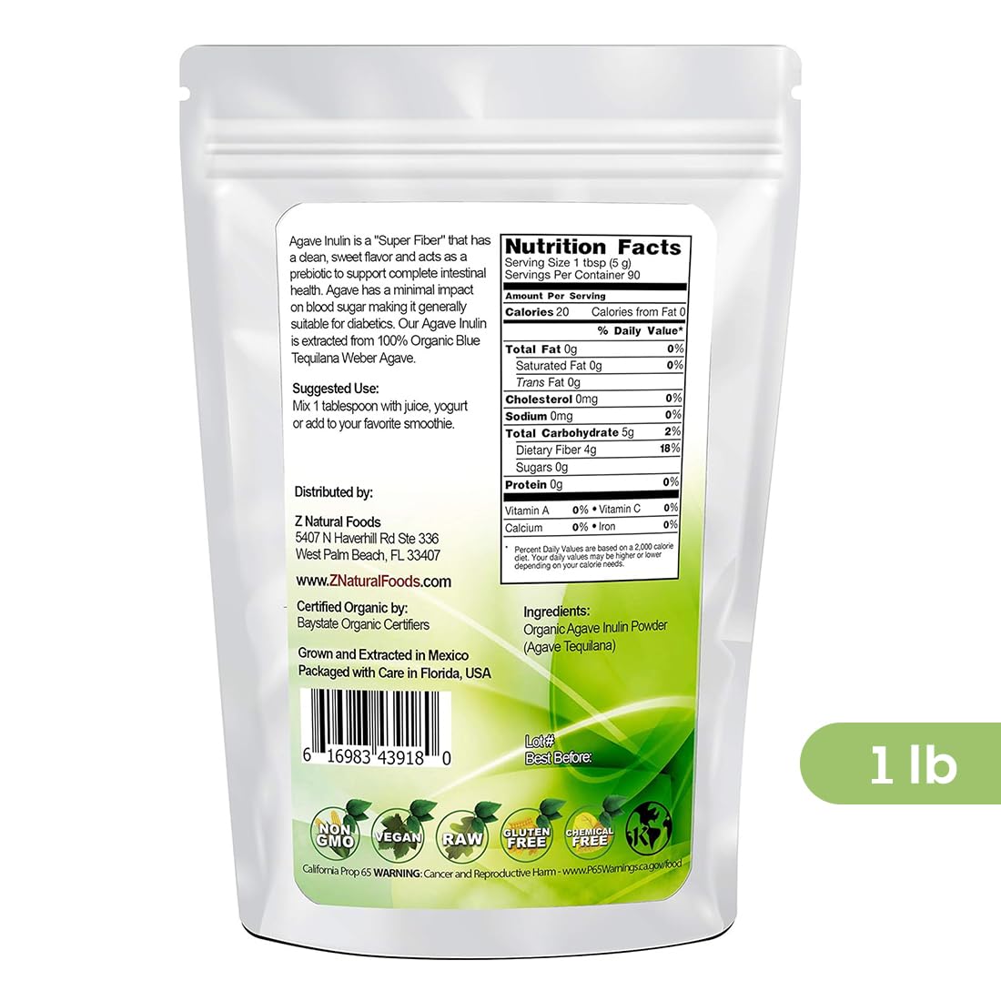 Foto 3 pulgar | Suplemento De Fibra Z Natural Foods, Inulina De Agave Orgánica, 454 G - Venta Internacional.