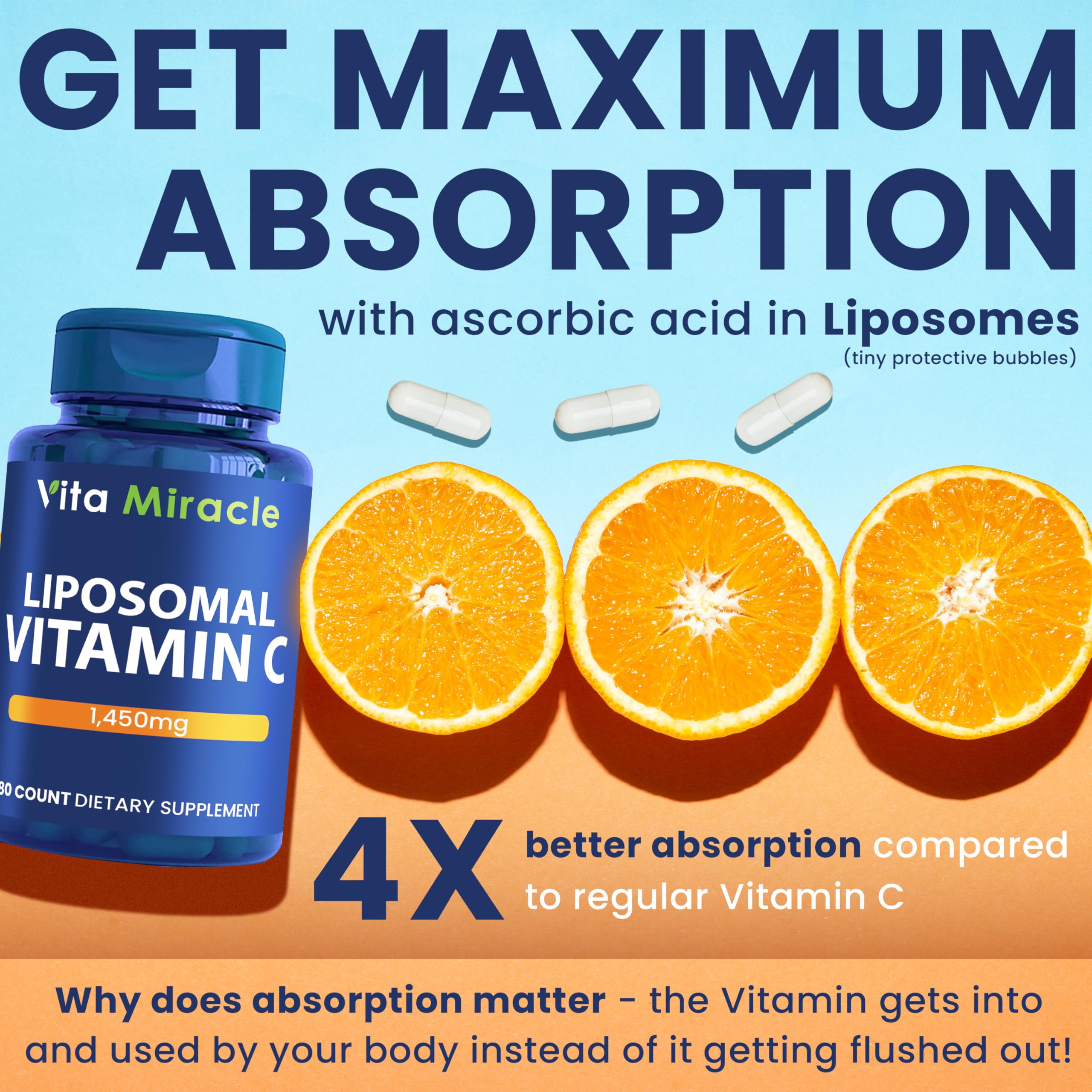 Foto 3 pulgar | Suplemento De Vitamina C Liposomal Vita Miracle 1450 Mg 180 Cápsulas - Venta Internacional.