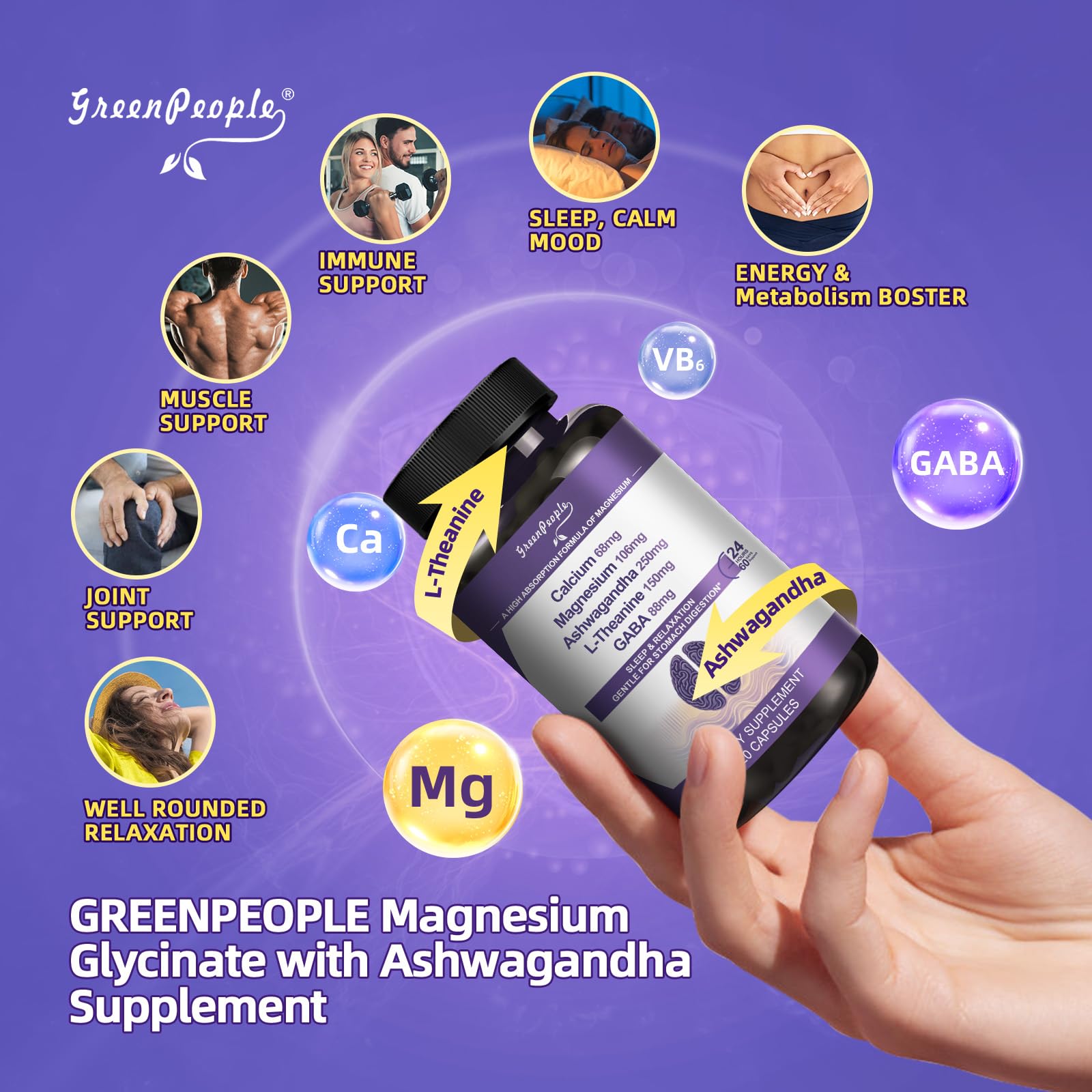 Foto 3 | Cápsulas De Suplemento Greenpeople, Glicinato De Magnesio Y Ashwagandha - Venta Internacional.