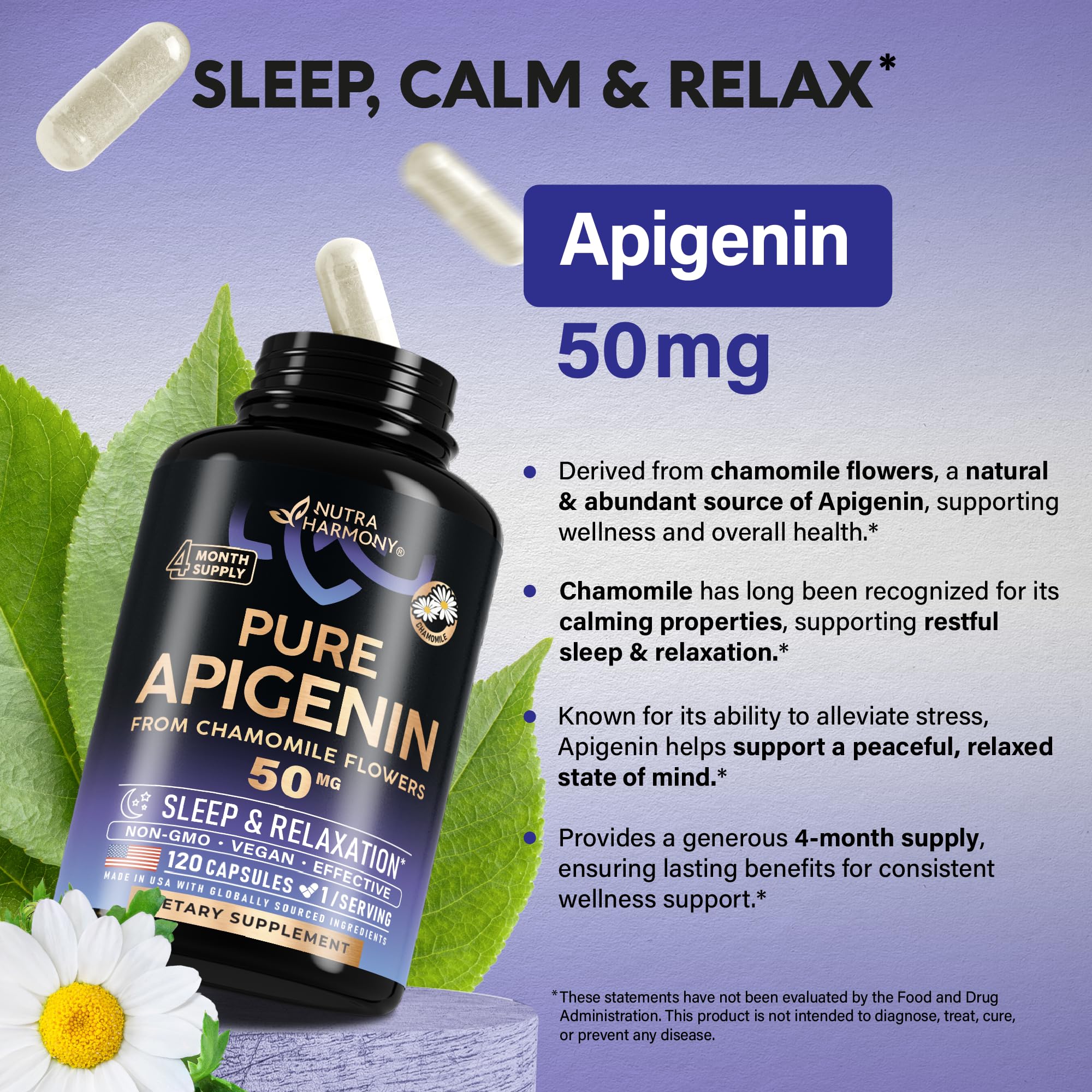 Foto 4 pulgar | Suplemento Nutraharmony Apigenin 50 Mg Para Dormir 120 Cápsulas - Venta Internacional.