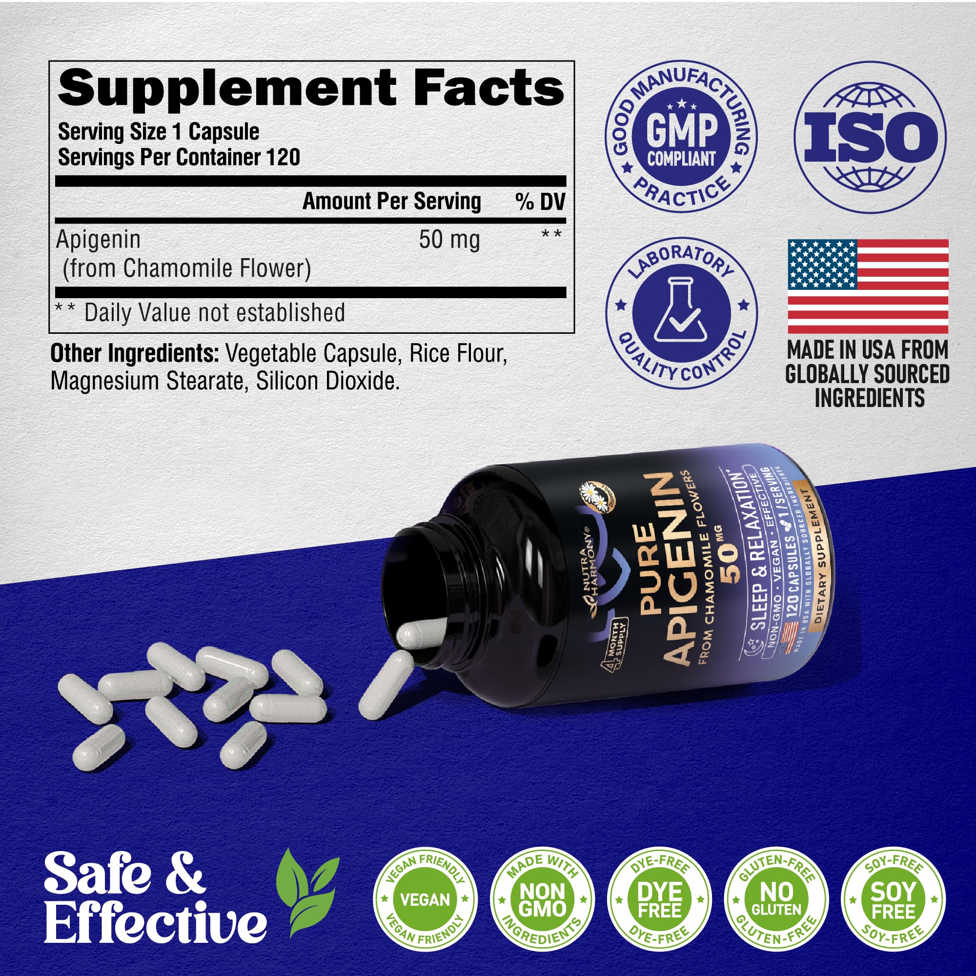 Foto 6 pulgar | Suplemento Nutraharmony Apigenin 50 Mg Para Dormir 120 Cápsulas - Venta Internacional.