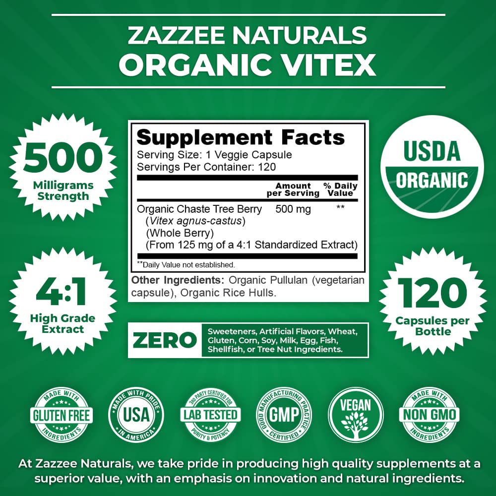 Foto 5 pulgar | Suplemento Zazzee Usda Organic Vitex 500 Mg 120 Cápsulas Veganas - Venta Internacional.