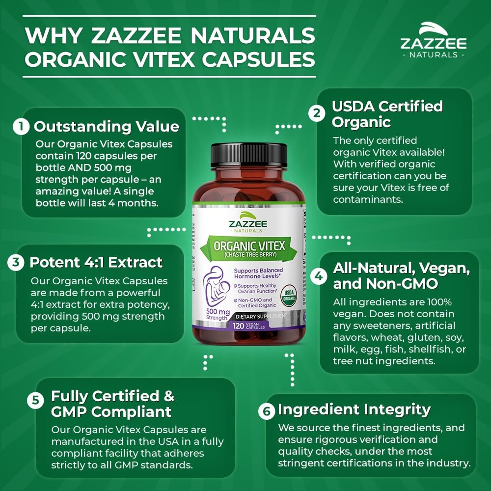 Foto 8 pulgar | Suplemento Zazzee Usda Organic Vitex 500 Mg 120 Cápsulas Veganas - Venta Internacional.