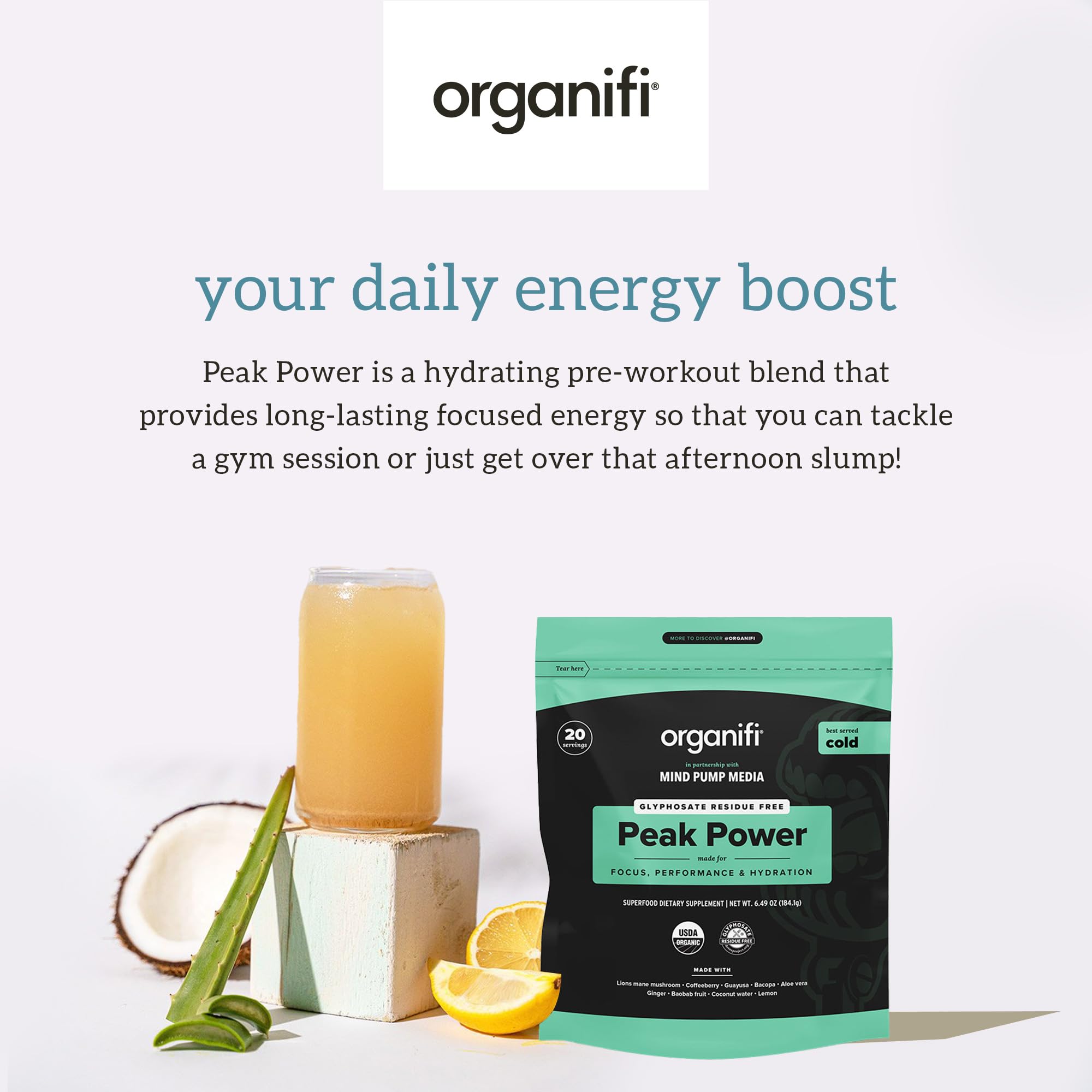 Foto 3 | Polvo para Antes del Entrenamiento Organifi Peak Power con Melena de León - Venta Internacional