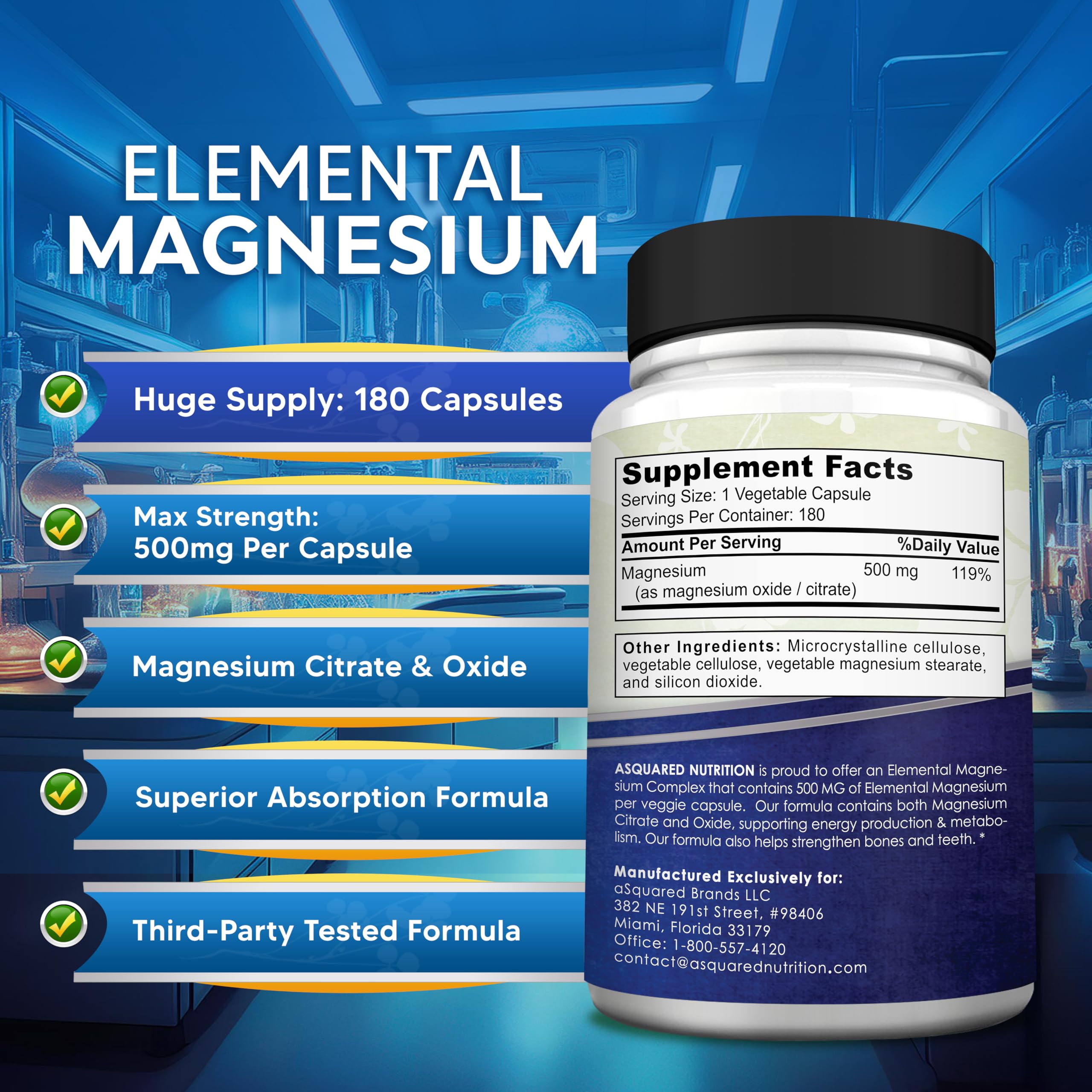 Foto 5 | Suplemento De Magnesio De Squared Nutrition, 500 Mg, 180 Cápsulas - Venta Internacional.