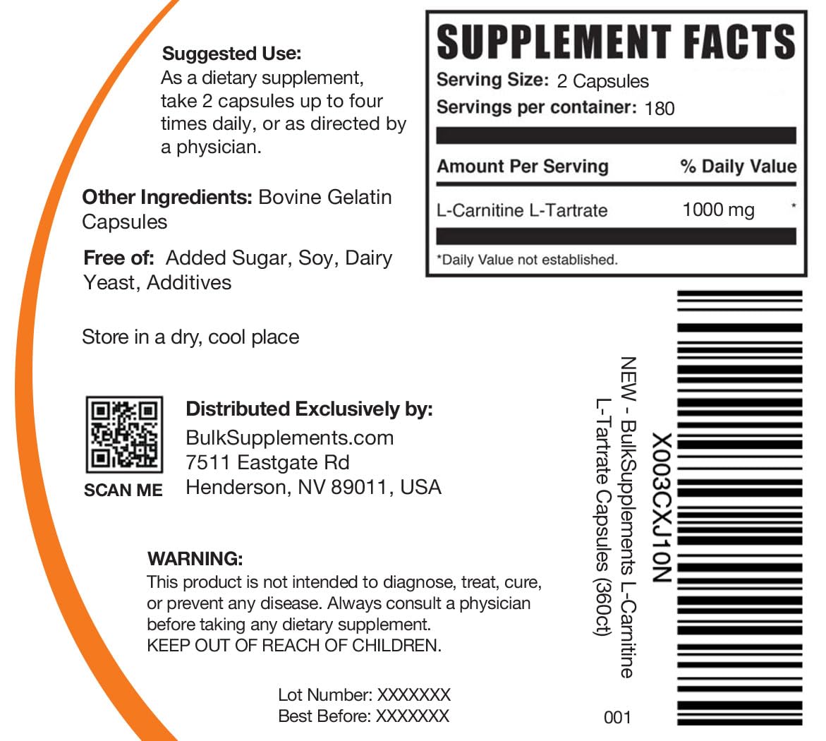 Foto 3 pulgar | Suplemento Bulksupplements.com L-tartrato De L-carnitina 1000 Mg - Venta Internacional.