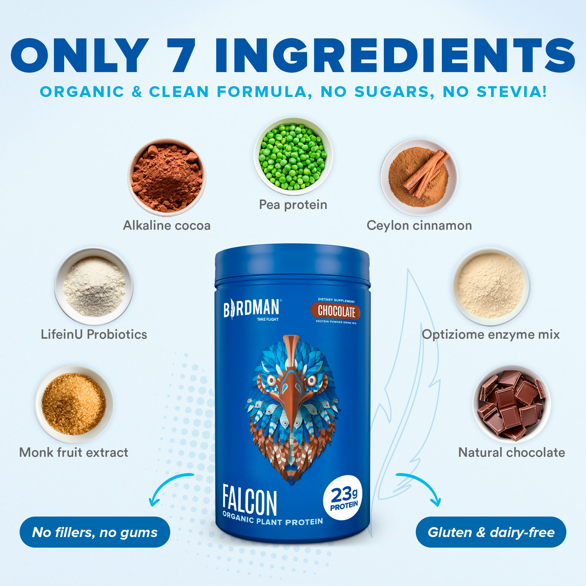 Foto 5 pulgar | Proteína Vegana En Polvo Birdman Falcon Organic Chocolate 600g - Venta Internacional.