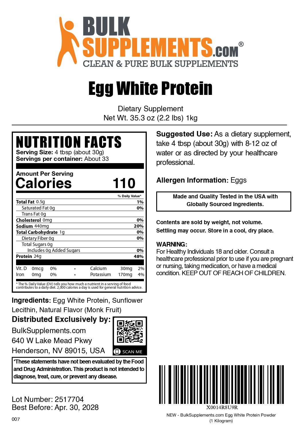 Foto 6 | Proteína De Clara De Huevo En Polvo Bulksupplements.com 1 Kg - Venta Internacional.
