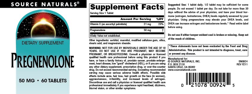 Foto 4 | Pregnenolona Supplement Source Naturals 50 Mg - 60 Comprimidos - Venta Internacional.