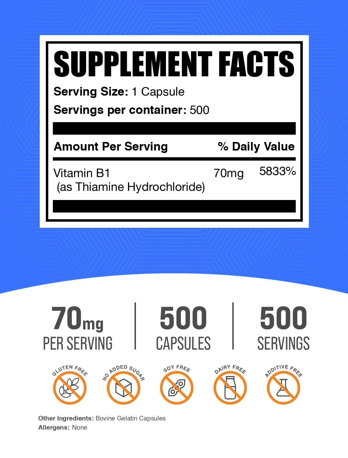 Foto 3 pulgar | Suplemento Bulksupplements.com Tiamina Hcl 100 Mg 500 Cápsulas - Venta Internacional.