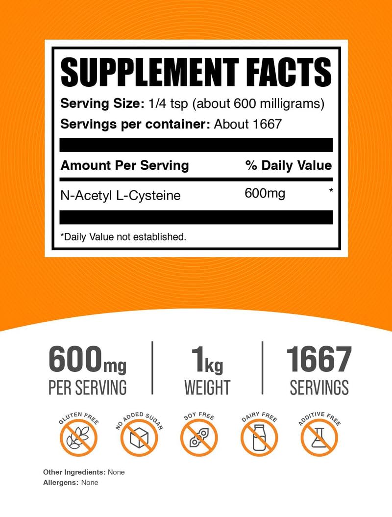 Foto 3 pulgar | Suplemento Bulksupplements.com N-acetil Cisteína 600 Mg 1 Kg - Venta Internacional.