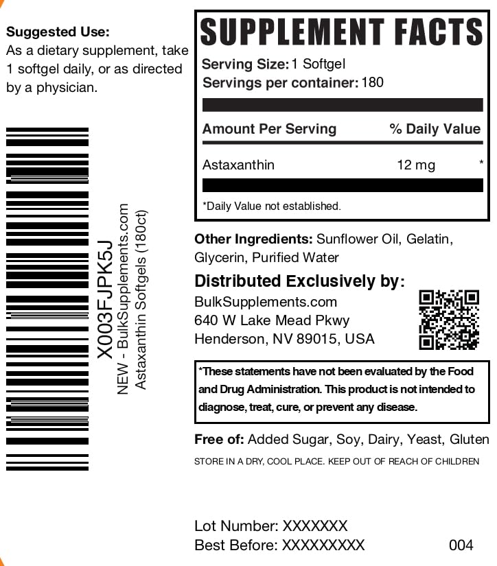 Foto 6 | Supplement Bulksupplements.com Cápsulas Blandas De Astaxantina, 12 Mg, 180 Unidades - Venta Internacional.