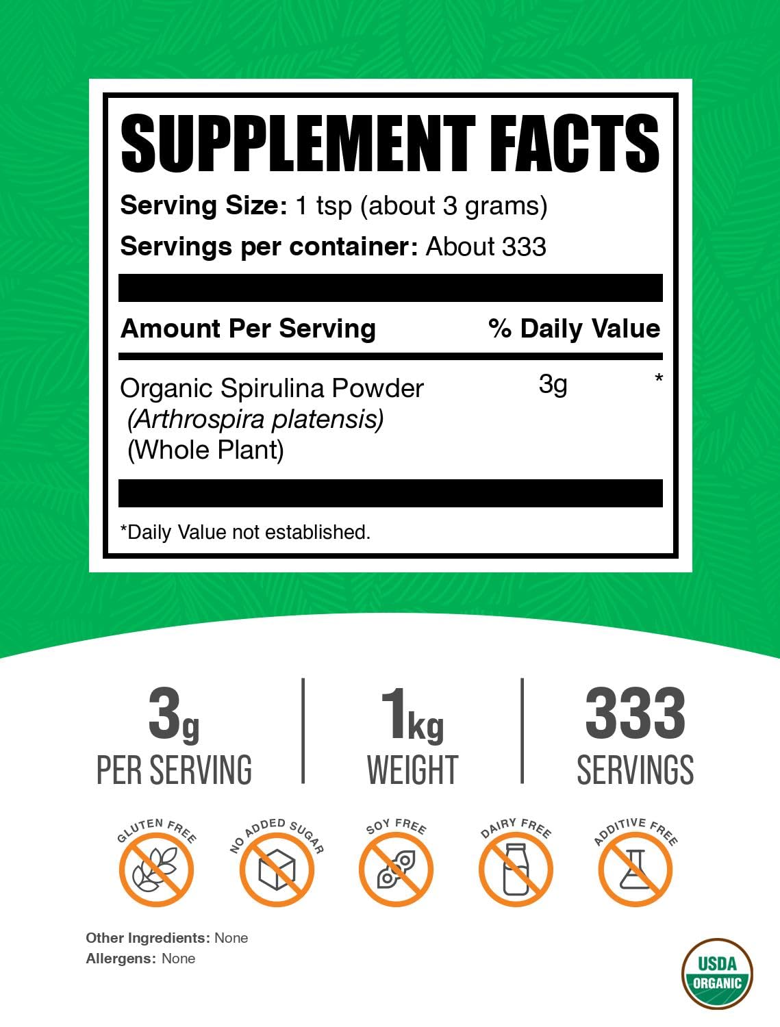 Foto 3 pulgar | Supplement Bulksupplements.com Espirulina Orgánica En Polvo, 1 Kg - Venta Internacional.