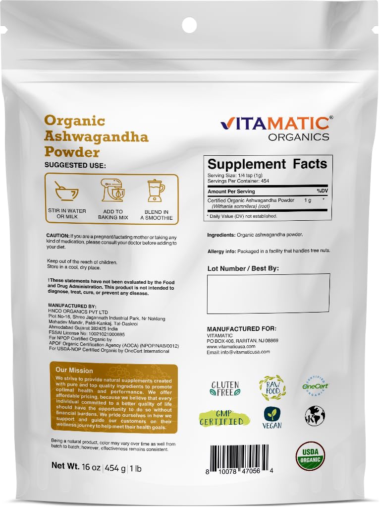 Foto 4 pulgar | Polvo De Ashwagandha Orgánico Vitamatic 454 G Withania Somnifera - Venta Internacional.