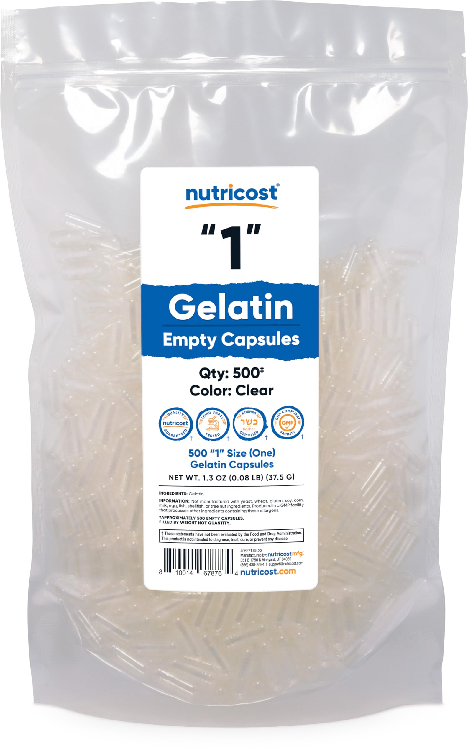 Foto 1 | Cápsulas Vacías De Gelatina Tamaño 1, Transparente, 500 Cápsulas Nutricost - Venta Internacional.