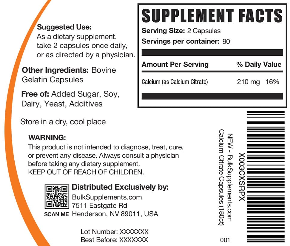 Foto 2 | Suplemento De Citrato De Calcio Bulksupplements.com 180 Cápsulas - Venta Internacional.