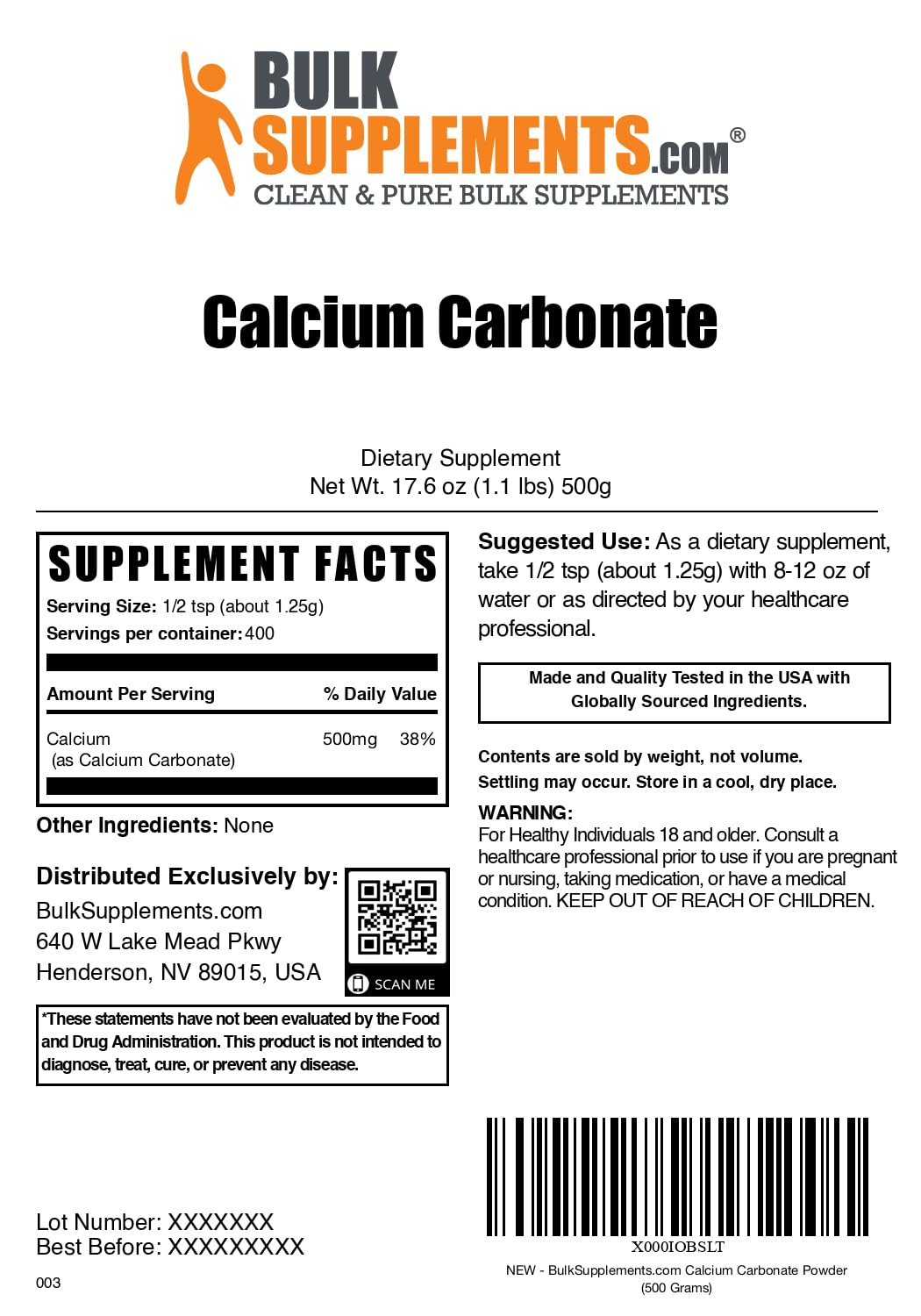 Foto 7 pulgar | Suplemento Bulksupplements.com Carbonato De Calcio 500 G - Venta Internacional.