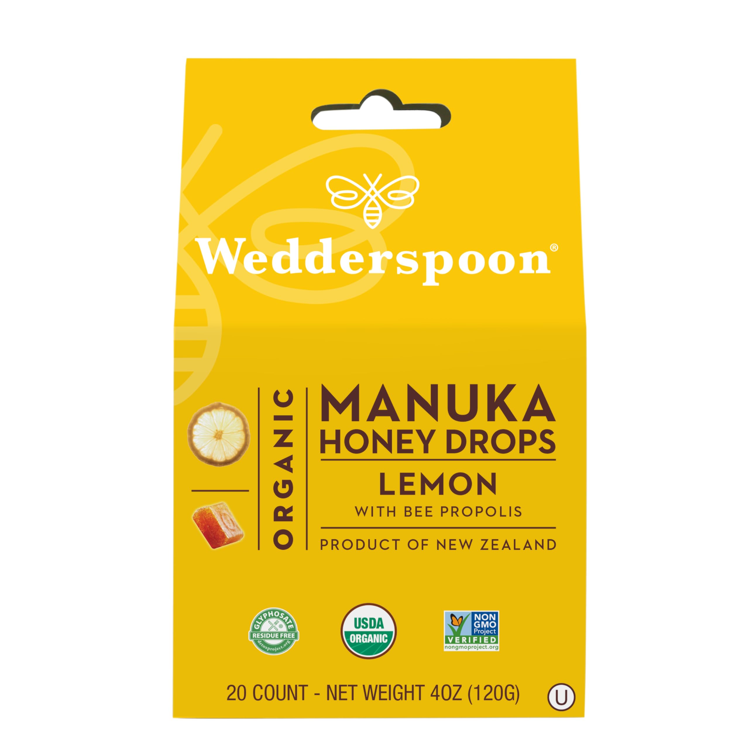 Foto 2 pulgar | Honey Drops Wedderspoon Organic Manuka Lemon 20 Unidades - Venta Internacional.