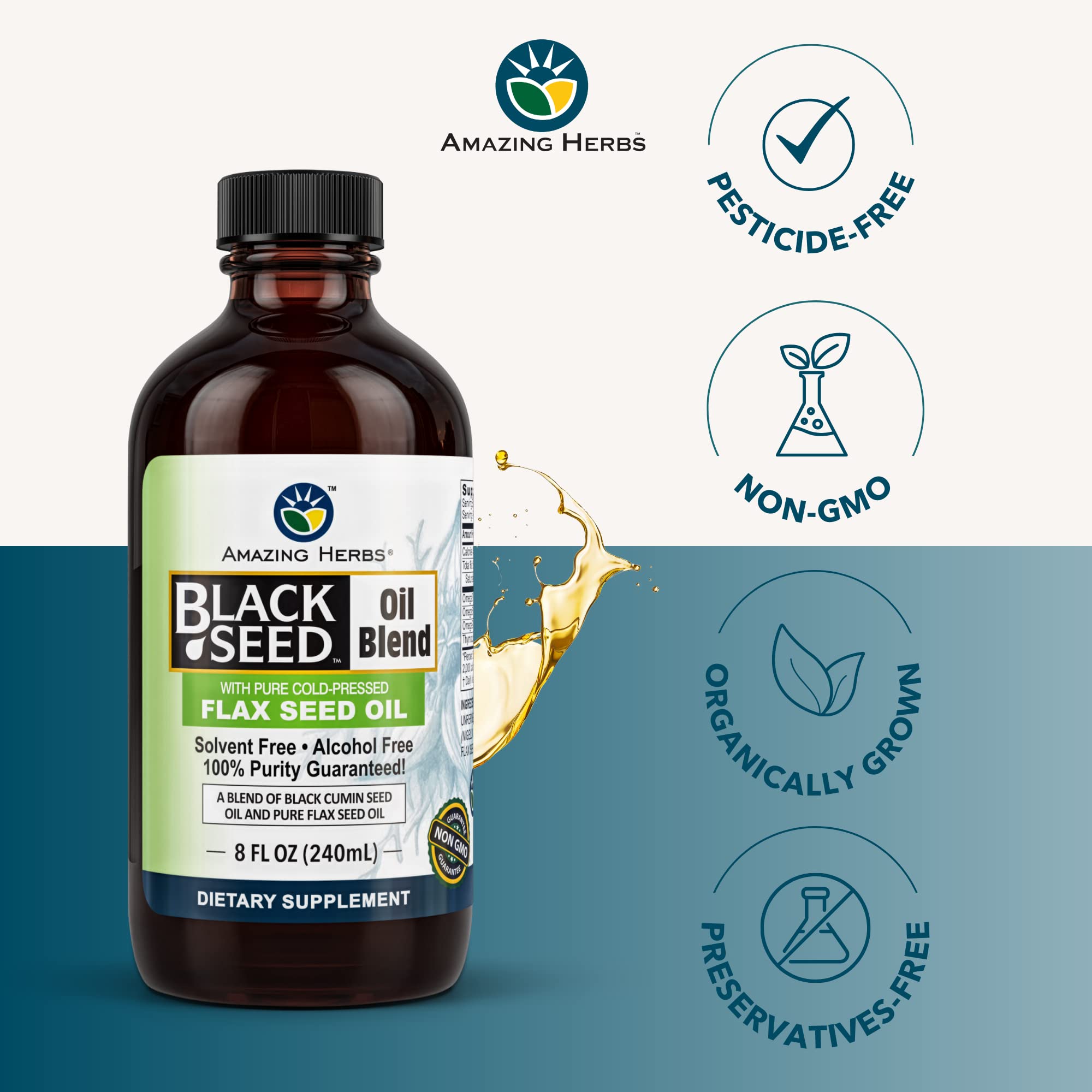 Foto 6 | Suplemento Amazing Herbs De Aceite De Semillas Negras Y Semillas De Lino 240 Ml - Venta Internacional.