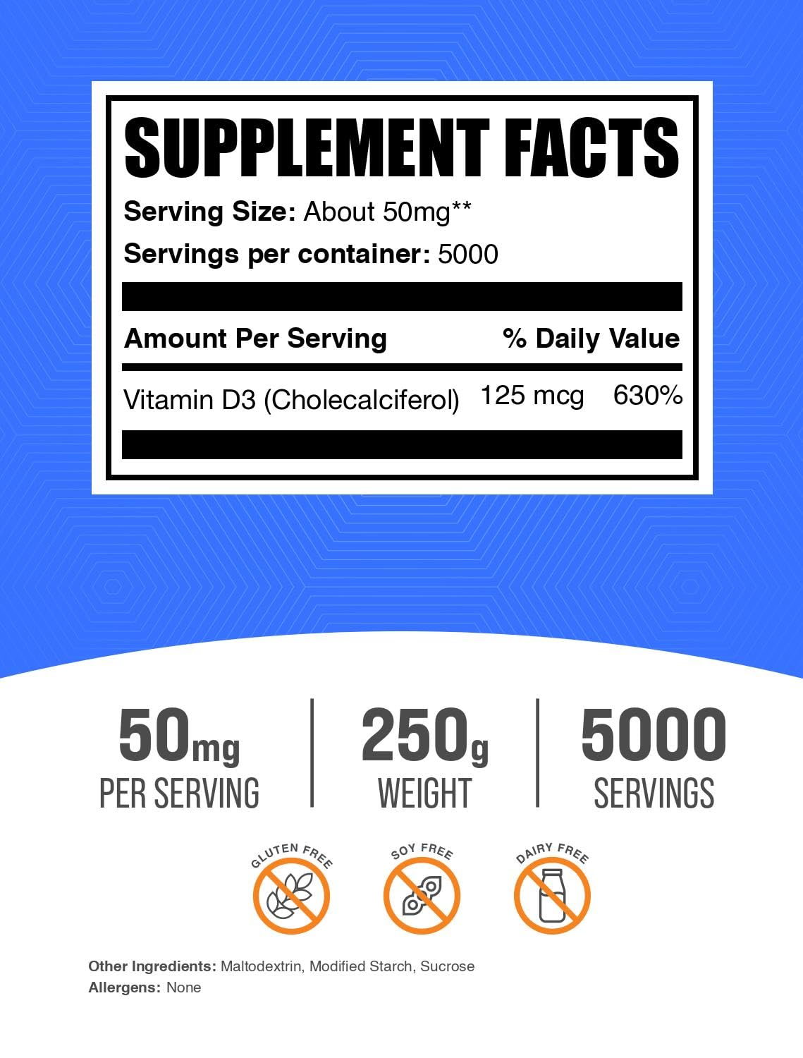 Foto 2 | Vitamina D3 En Polvo Bulksupplements.com 5000 Ui 250 G - Venta Internacional.