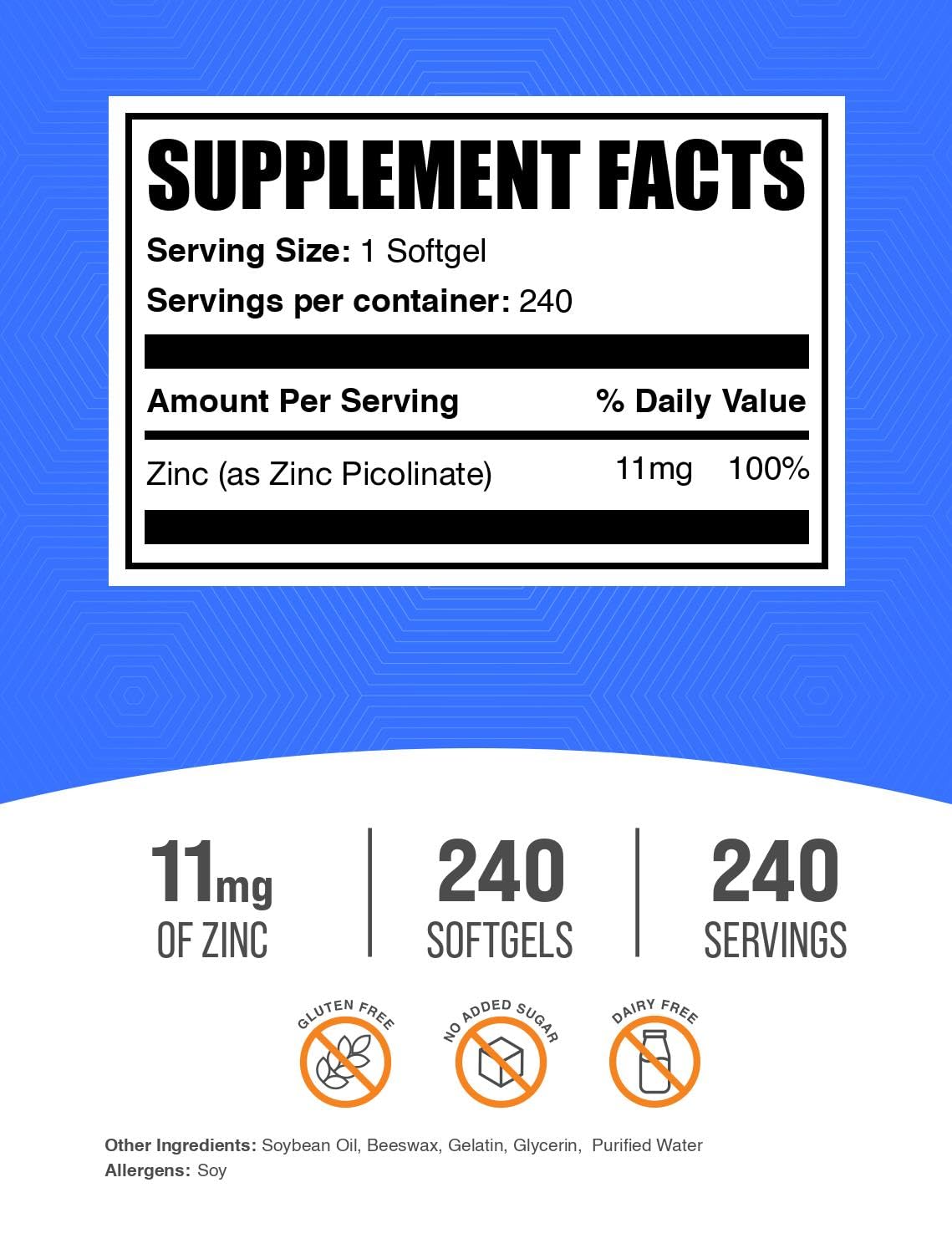 Foto 3 pulgar | Suplemento Bulksupplements.com Picolinato De Zinc 11 Mg 240 Soft - Venta Internacional.