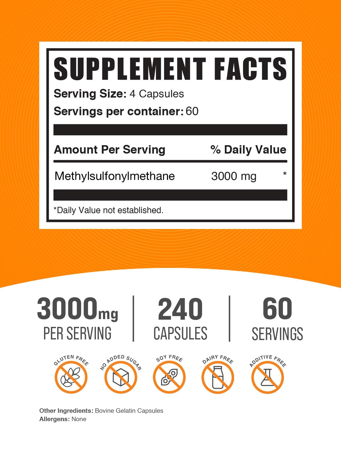 Foto 3 pulgar | Suplemento De Msm Bulksupplements.com Msm 3000 Mg 240 Cápsulas - Venta Internacional.