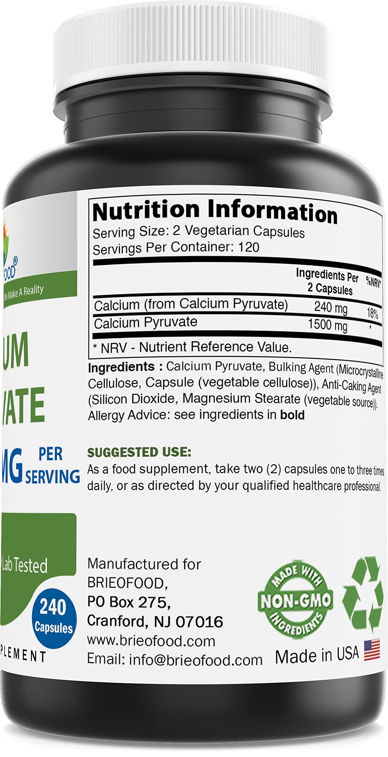 Foto 2 | Suplemento De Piruvato De Calcio Brieofood 1500 Mg 240 Cápsulas - Venta Internacional.