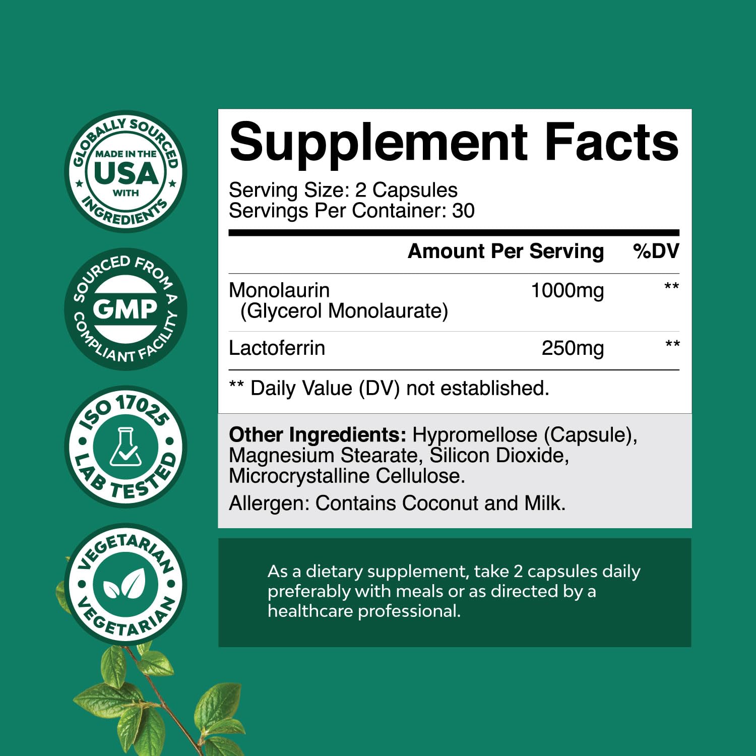 Foto 2 | Suplemento Natures Craft De Lactoferrina Y Monolaurina 250 Mg/1000 Mg - Venta Internacional.