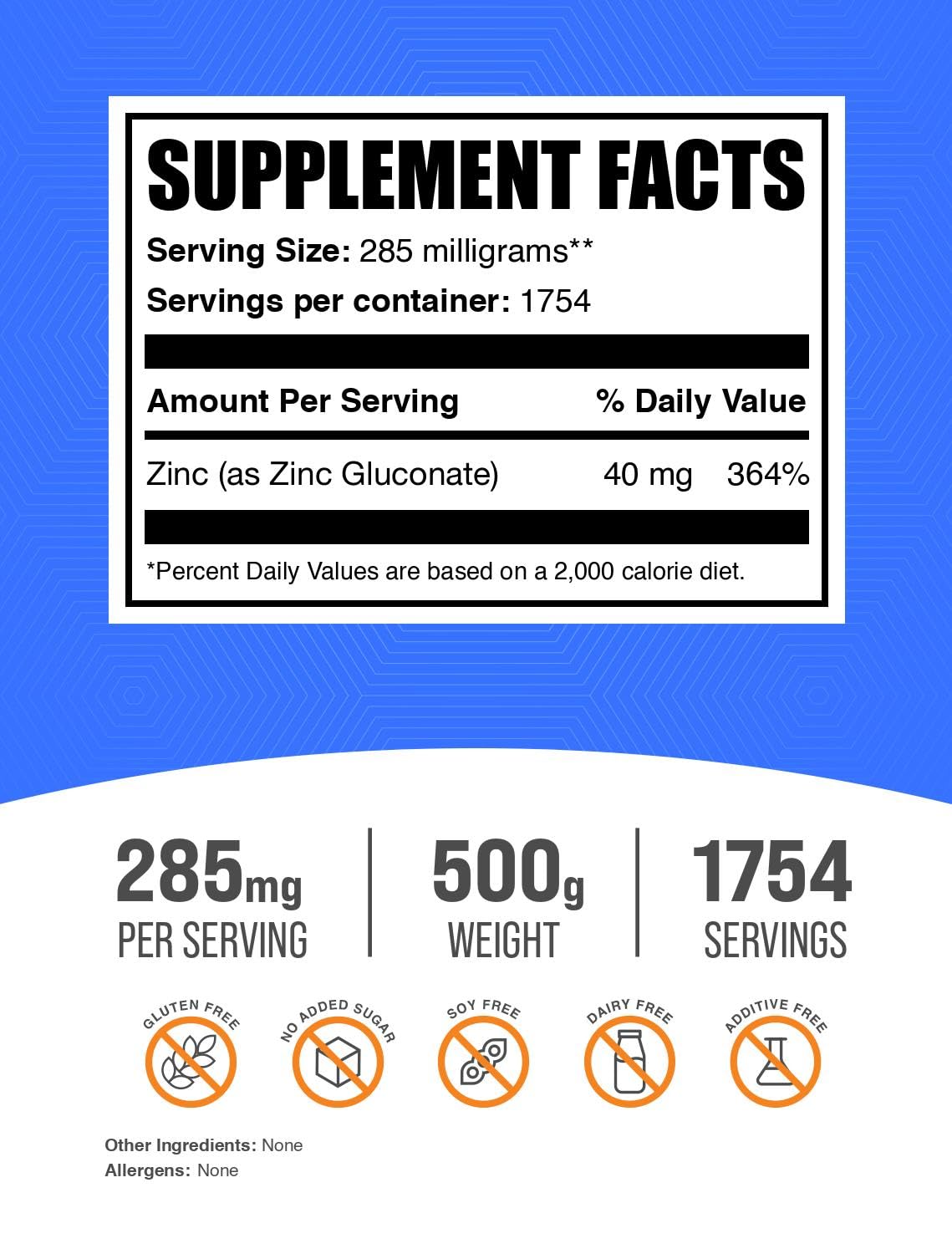 Foto 3 pulgar | Suplemento De Zinc Bulksupplements.com Gluconato De Zinc 500 G - Venta Internacional.