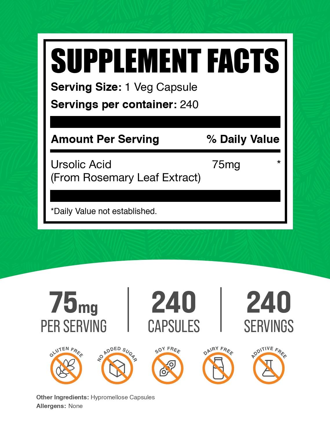 Foto 2 | Suplemento De Ácido Ursólico Bulksupplements.com 75 Mg 240 Cápsulas - Venta Internacional.