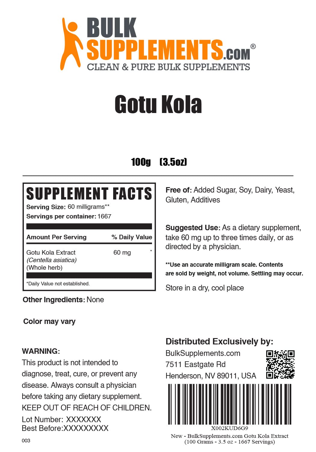Foto 2 | Suplemento Bulksupplements.com Extracto Orgánico De Centella Asiática En Polvo 100 G - Venta Internacional.