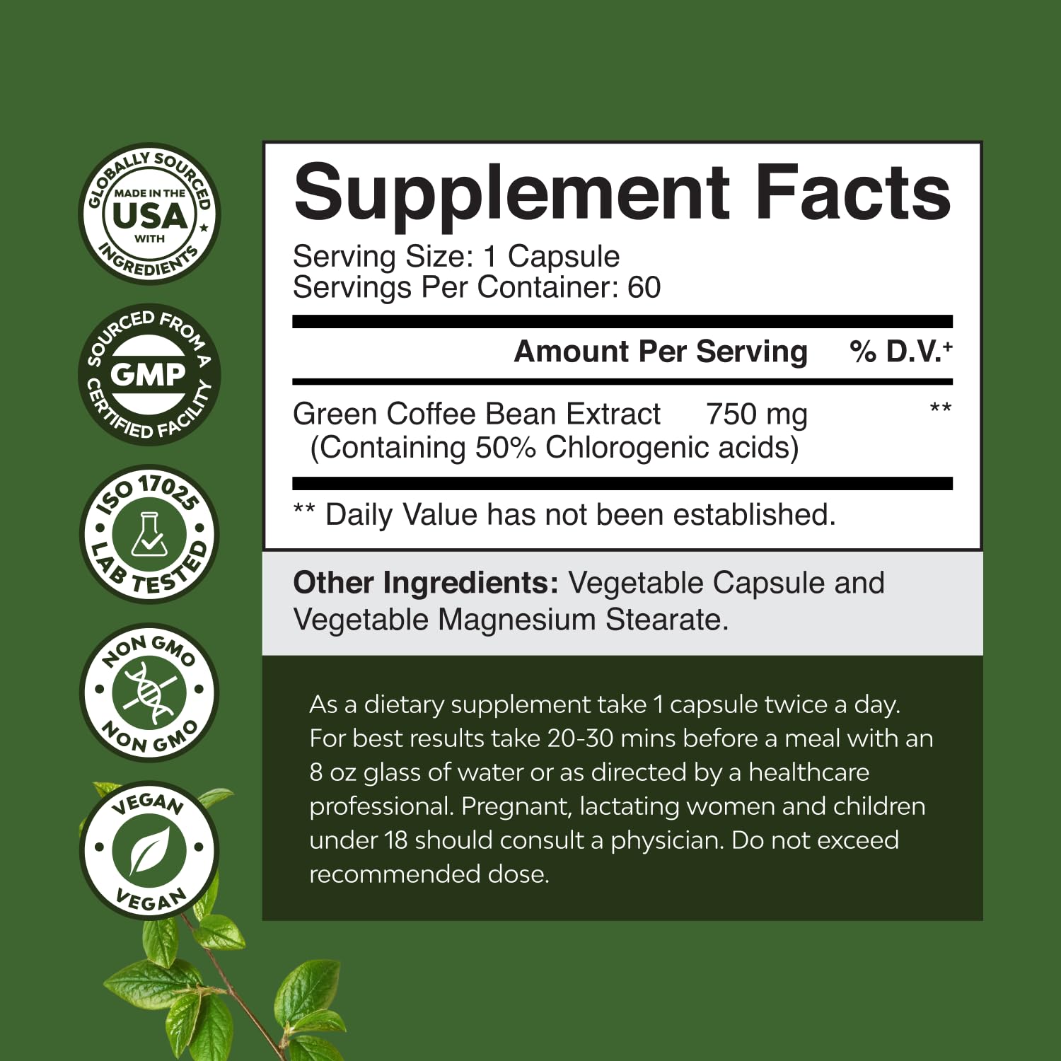 Foto 3 pulgar | Suplemento De Extracto De Café Verde Puro Natures Craft 800 Mg - Venta Internacional.