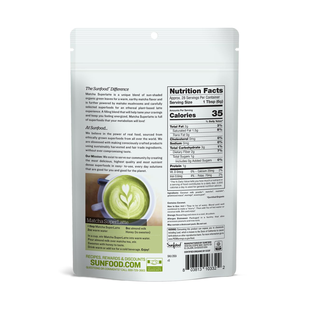 Foto 2 | Bolsa Matcha Superlatte Sunfood Superfoods De 180 Ml - Venta Internacional.