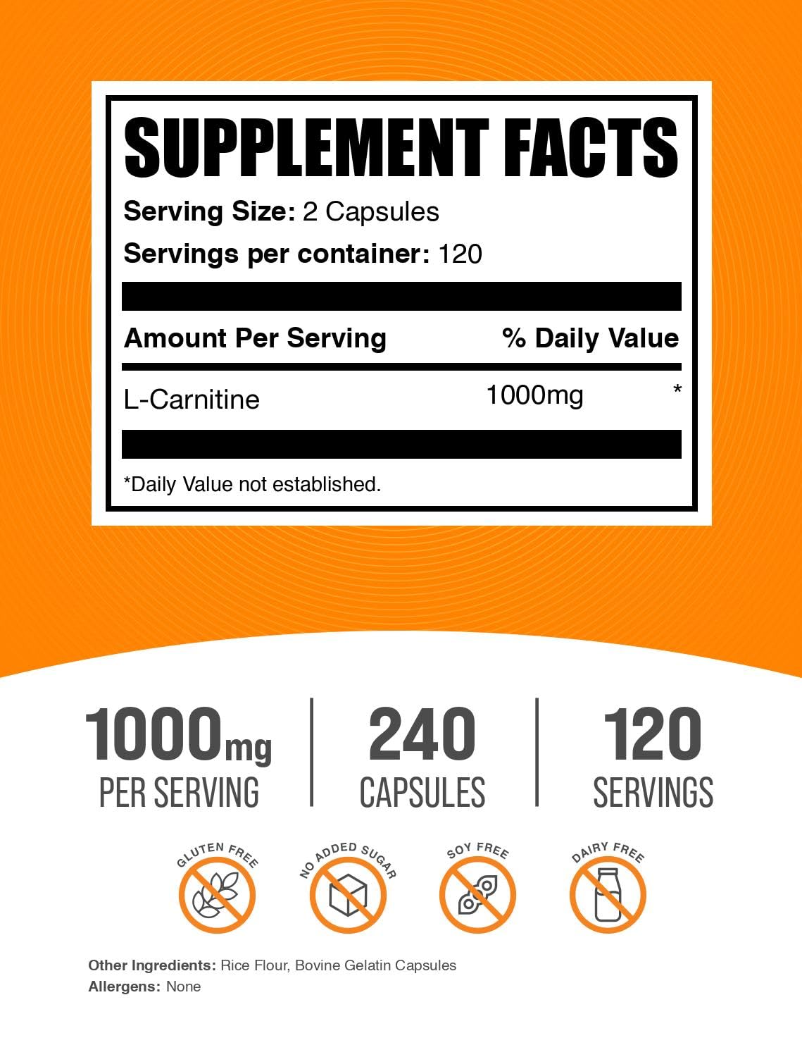 Foto 3 pulgar | Suplemento Bulksupplements.com L-carnitina 1000 Mg 240 Cápsulas - Venta Internacional.