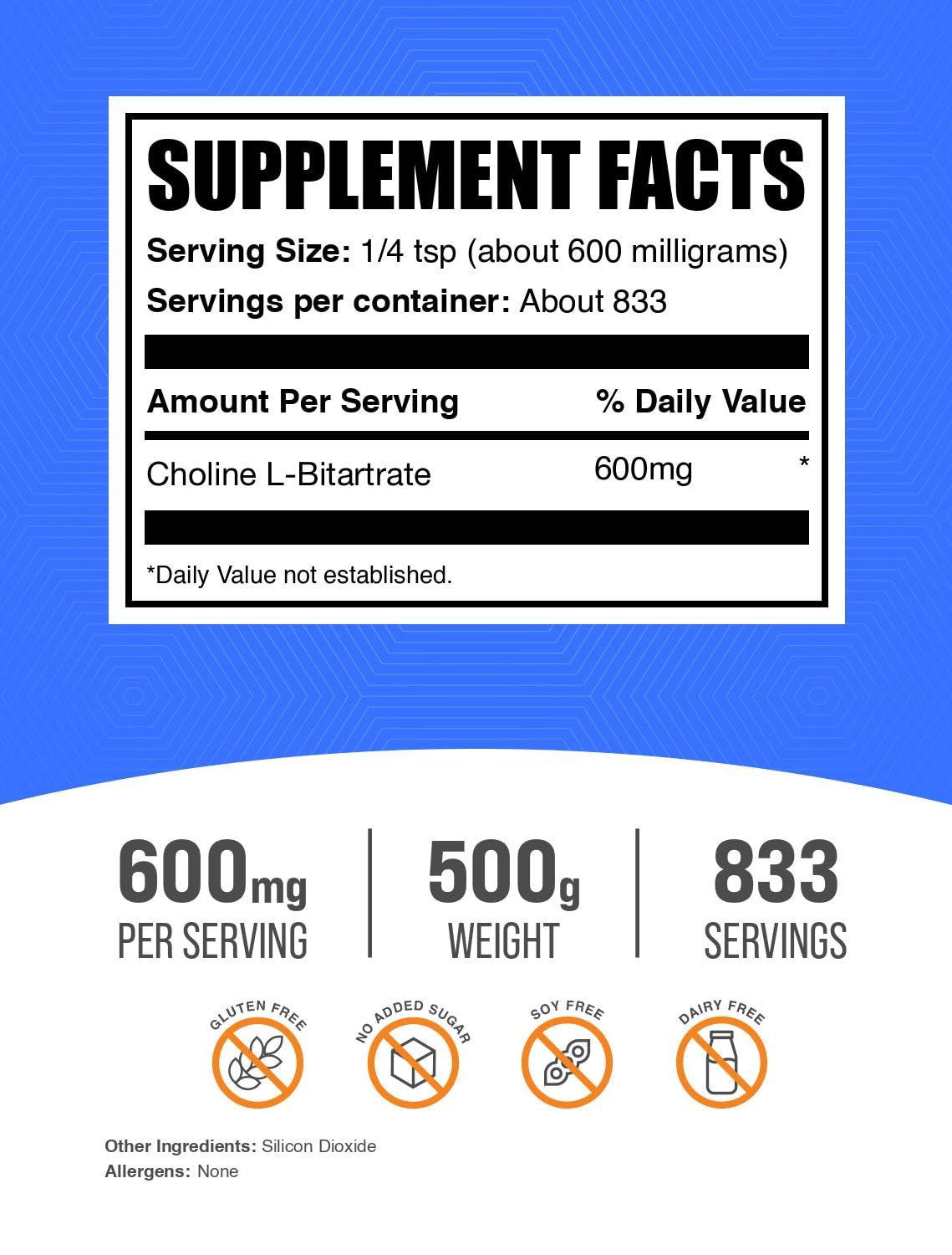 Foto 3 pulgar | Bitartrato De Colina En Polvo Bulksupplements.com 500 G - Venta Internacional.