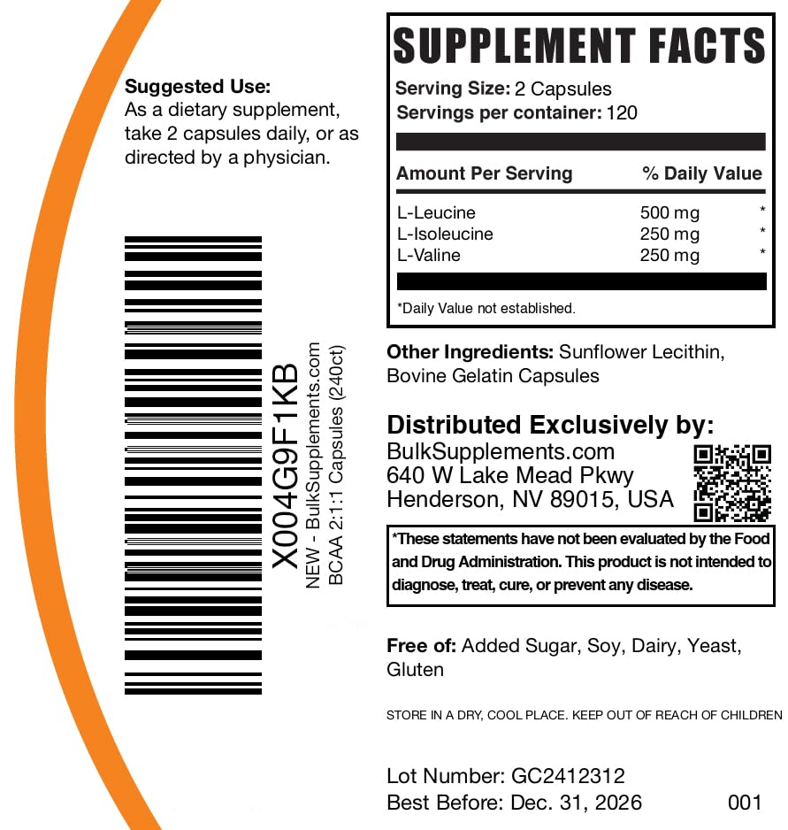 Foto 7 pulgar | Cápsulas De Bcaa Bulksupplements.com Bcaa 2:1:1 240 Cápsulas - Venta Internacional.