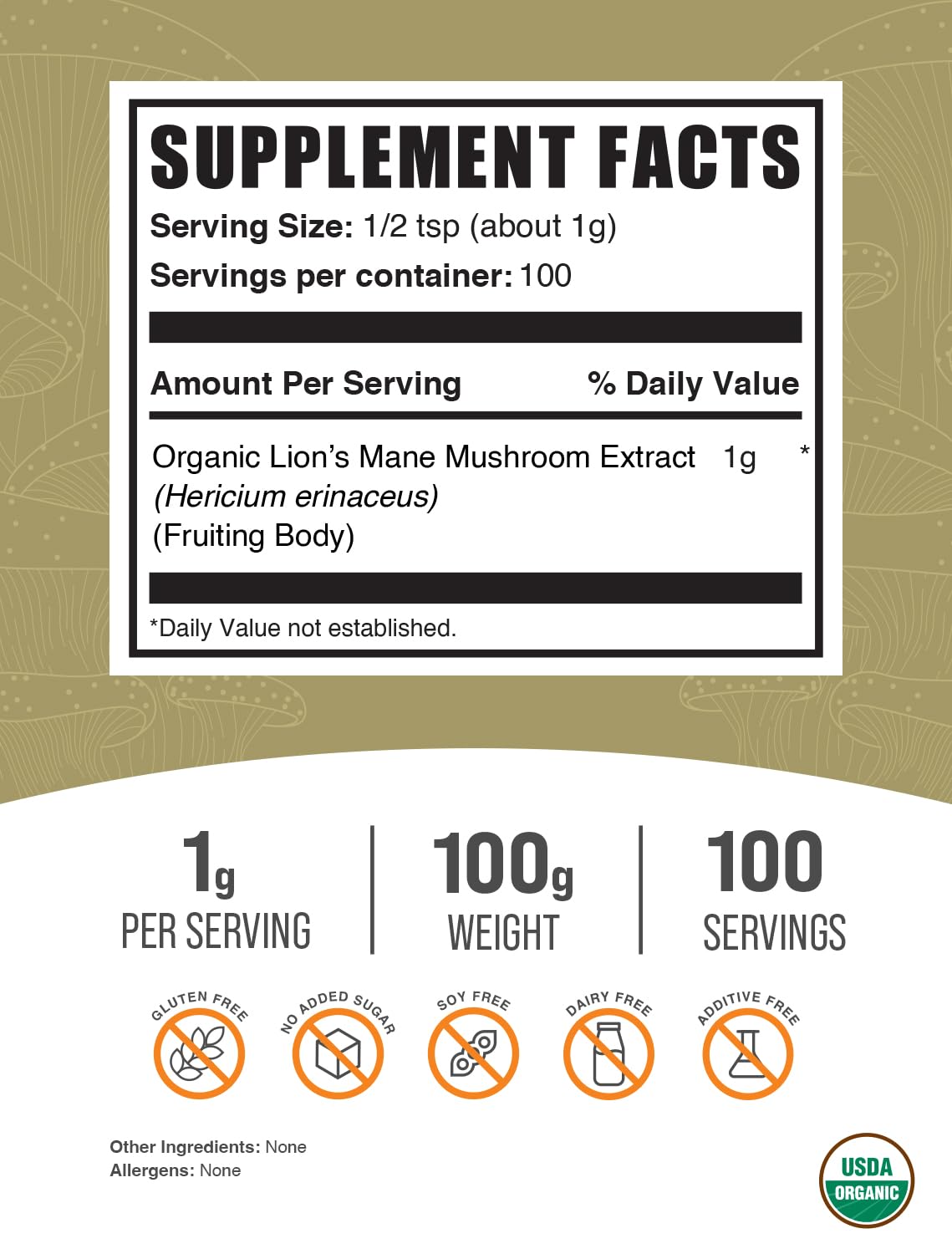 Foto 3 pulgar | Suplemento Bulksupplements.com Organic Lion's Mane 100g - Venta Internacional.