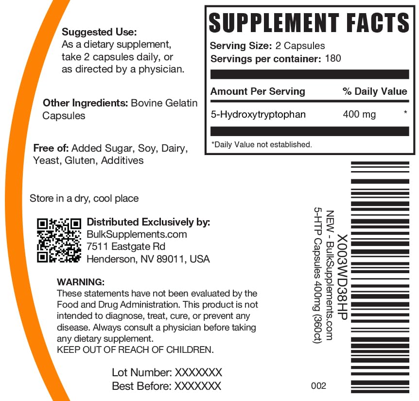 Foto 6 | Suplemento 5-HTP Bulksupplements 360 Capsulas - Venta Internacional