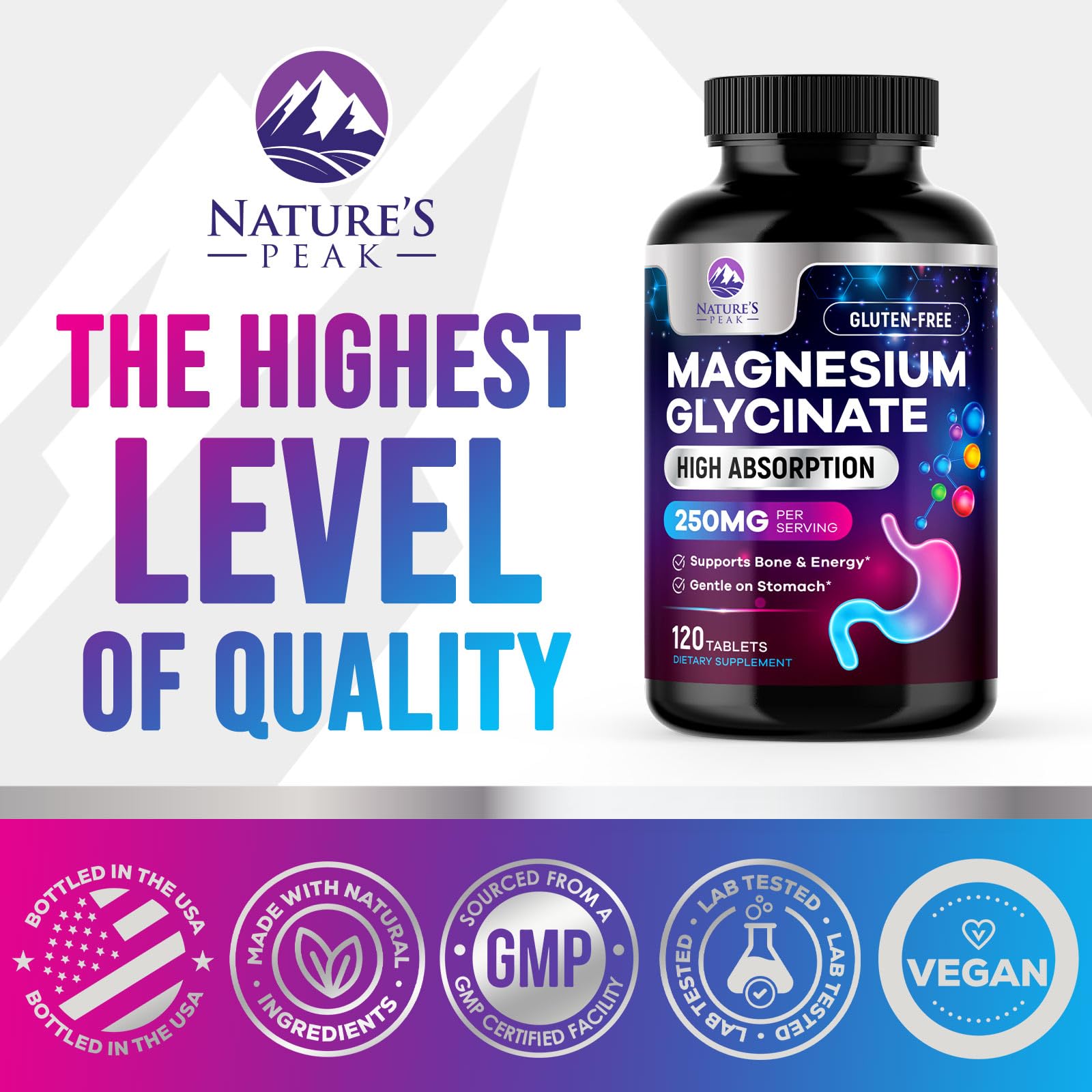 Foto 5 pulgar | Suplemento Alimenticio de Magnesio Nature's Peak Glicinato 120 Tabletas - Venta Internacional