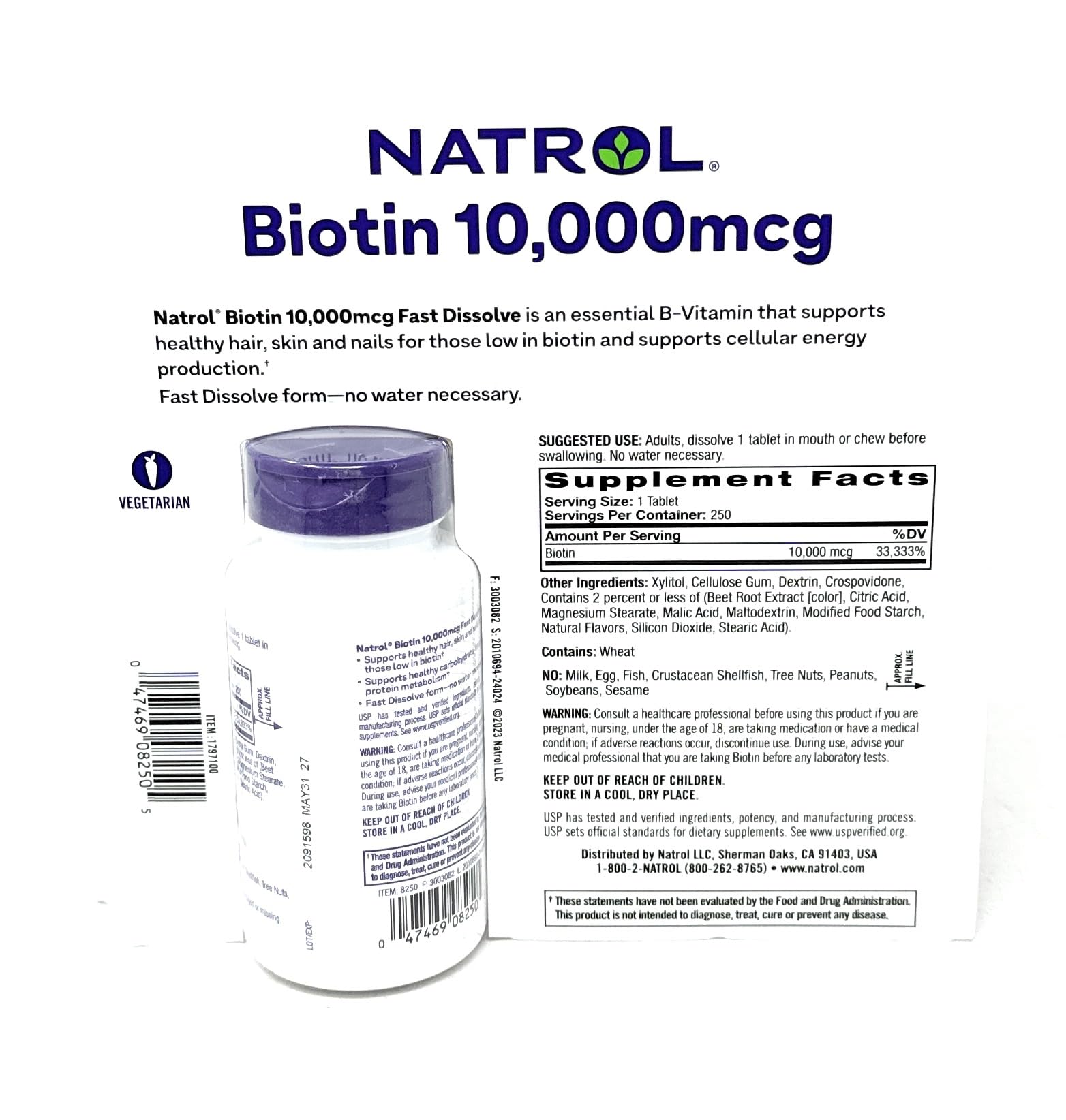 Foto 3 pulgar | Suplemento Natrol Biotina De 10.000 Mcg De Disolución Rápida Para 250 Tabletas - Venta Internacional.