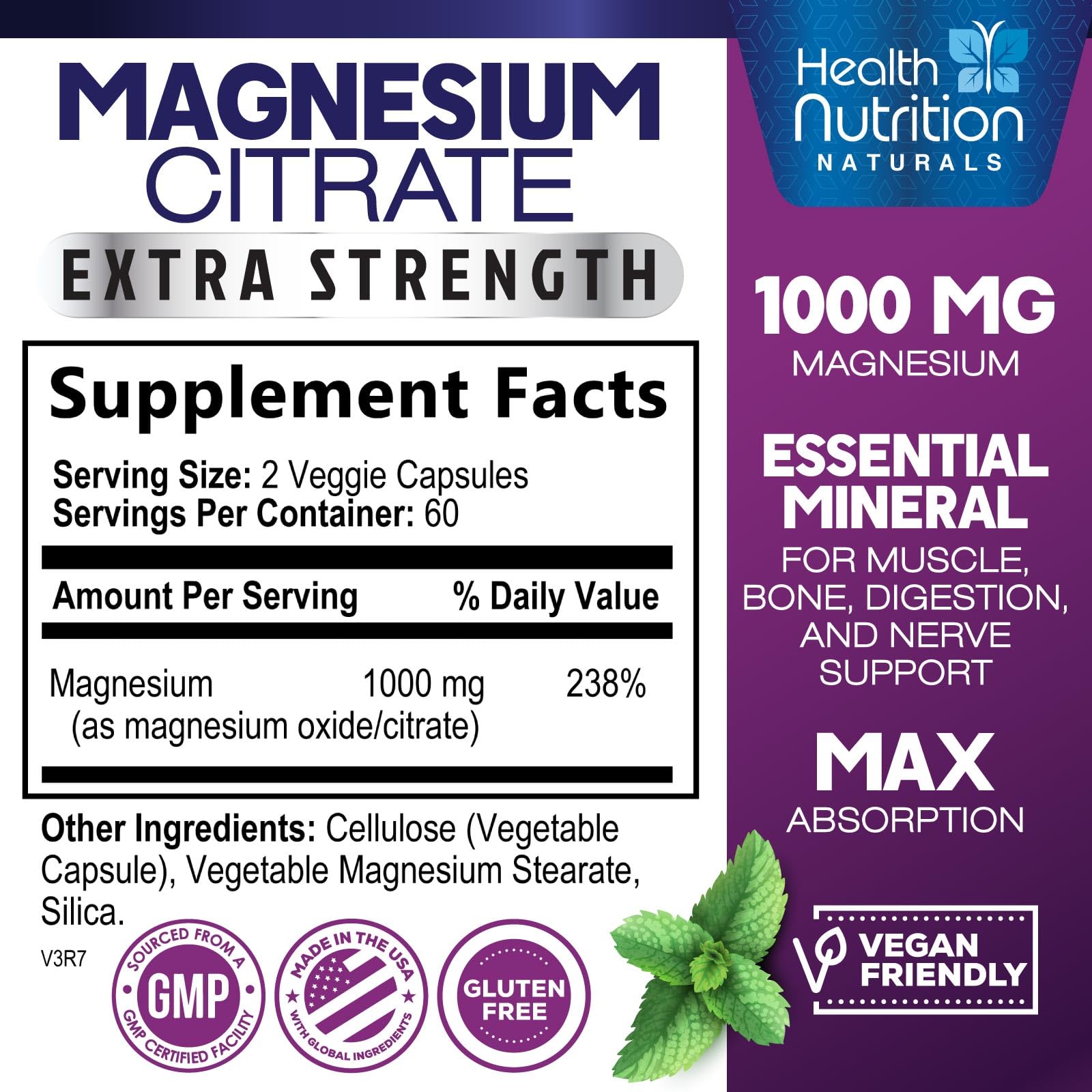 Foto 3 pulgar | Suplemento Health Nutrition Naturals Citrato De Magnesio 1000 Mg - Venta Internacional